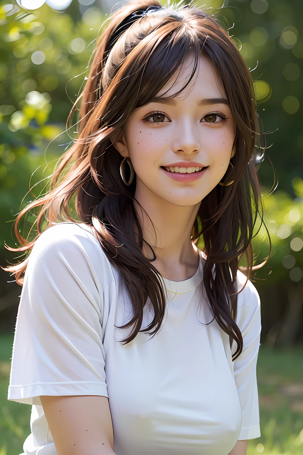 (8k, RAW photos,best quality, high resolution:1.1), (hyperrealistic:1.4),(realistic, photorealistic:1.3), soft light,big breasts,girl,realistic face,realistic body,realistic skin,absurdity,masterpiece,(cute:1.8), cuties, solo, (big breasts:1.2), detailed black eyes,innocent eyes,blusher,(t-shirt:1.2), cinema light,film grain,jewelry,earrings,((Medium hair:1.1)),((Floating Hair Novafrog Style)),cherry colored lips,hair ribbon,hair bow,ponytail,closeup,look viewer,long hair,upper body,open lips,upper teeth, (smiling eyes:0.6),((grinning:1.2)),depth of field, blurred background, eye focus, Bokeh,Young, 85mm Lens, f/1.4,Professional Lighting, Young,Portrait,Photon Mapping,Radiosity,Physically Based Rendering,No Bra