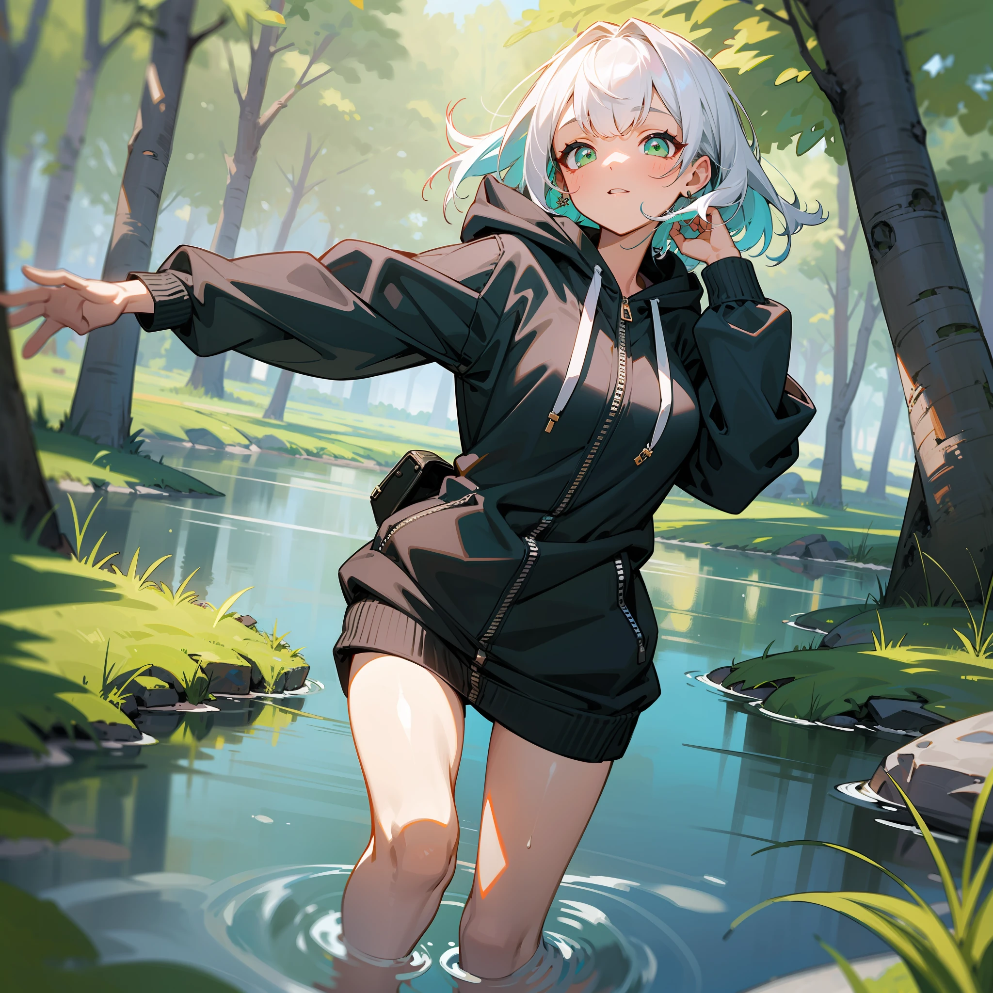MKSKS style, (Very detailed background:1.0), (highly detailed back ground:1.0), 1girll, full_Body, , Hoodie, partly_unzipped, Masterpiece, Best quality, (1girll, Solo, Girl:1.2), Lake, Grass, walking on the water, Jumps, Stone ruins, color difference, Depth of field, Soft illuminated surface,Face only,White hair,Green eyes