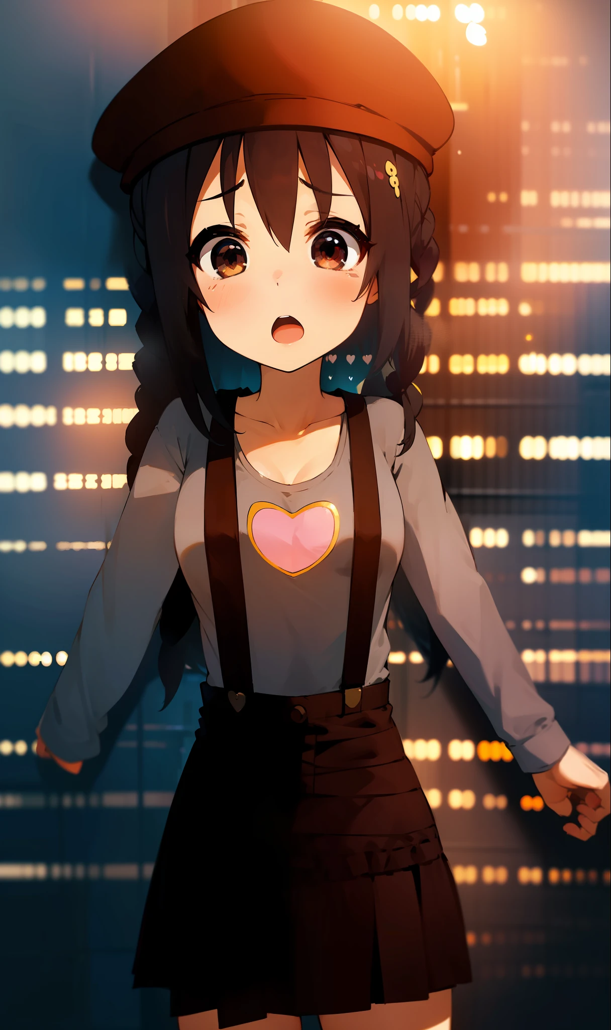 1girl, (((masterpiece))), top-quality, top-quality, High Details, nakano azusa, 1girl, Twin-tailed, length hair, A dark-haired, brown-eyed, Gray T-shirt.suspenders.a black skirt.illustratio, comic strip, soothing tones, Subdued Color, Soft cinematic light, adobe lightroom, photolab, HDR, intricately and hyper-detailed、(((depth of fields))))。(((masterpiece)))。(((top-quality))).)((ultra-detailliert)))。(((illustratio)))。(((takeout))).dynamic focus.big breasts.(((Skyscrapers))).(((A city scape))).(((Face of sadness))). open mouth.(((fighting stance))).(((up chest))).((evening glow)).((the setting sun)).(((Heart on chest))).Feathered hat