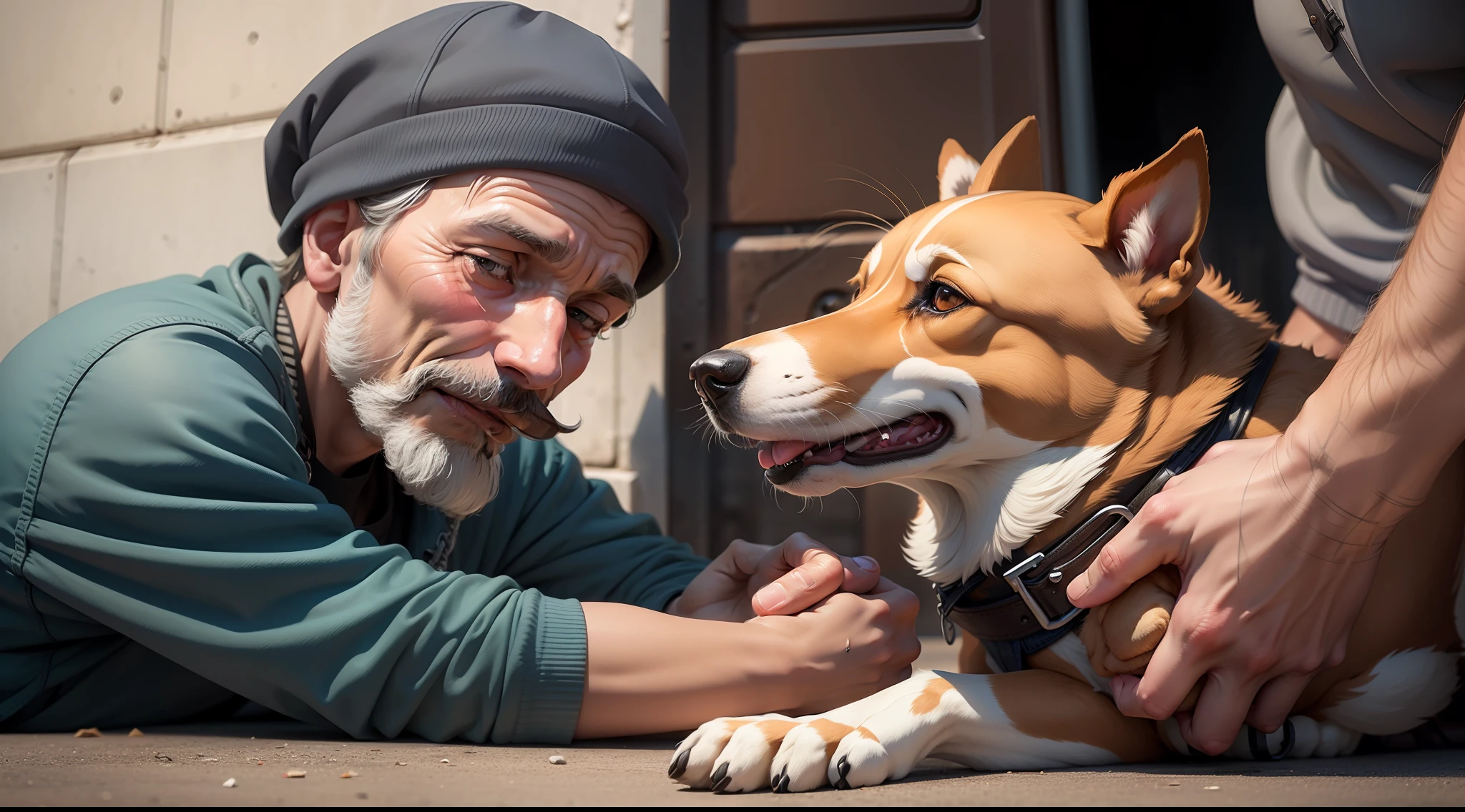 a dog licking a homeless man's hand