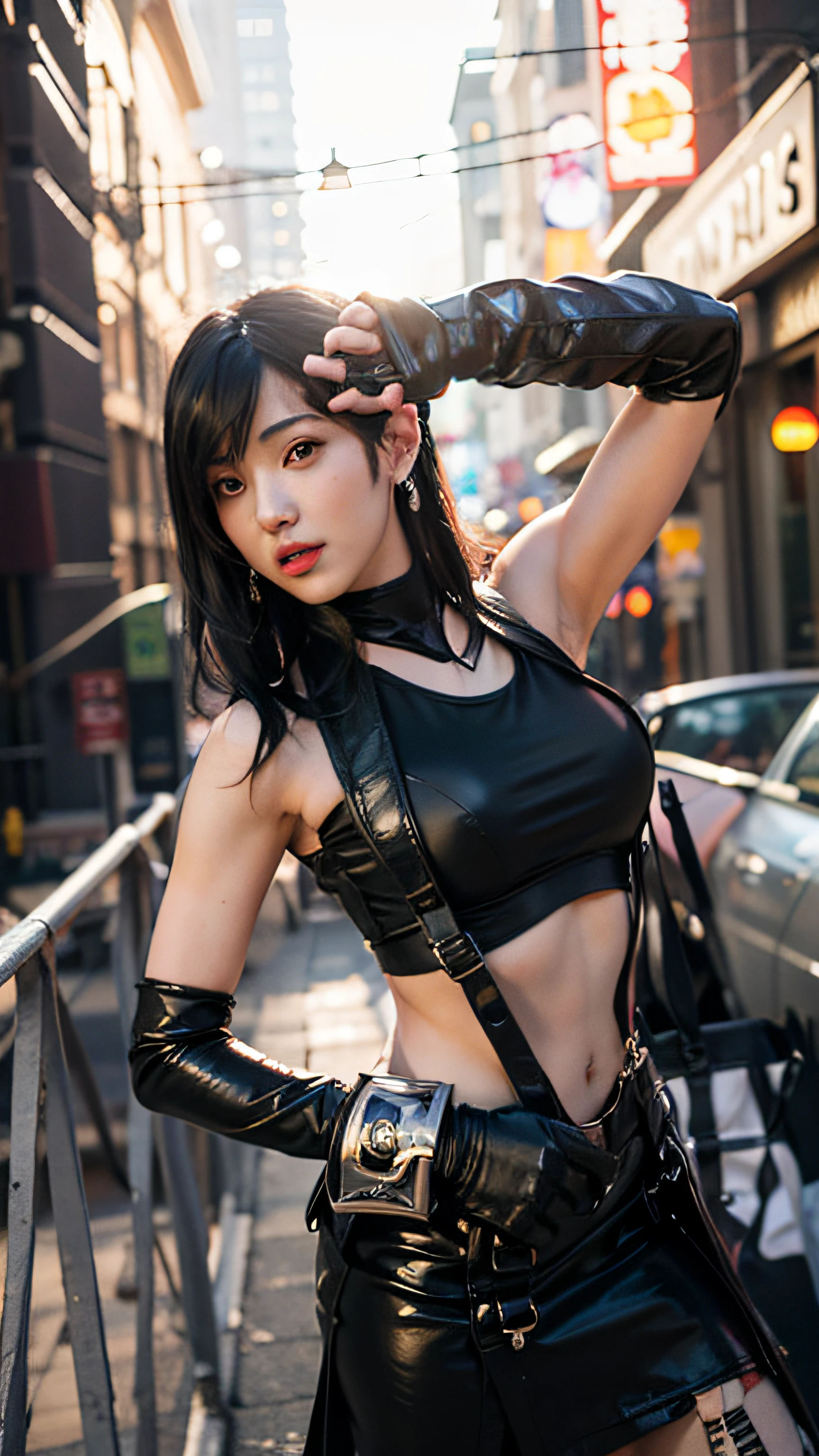 anime cosplay girl with camera and leather skirt posing for picture, tifa, tifa lockhart, tifa lockheart, seductive tifa lockhart portrait, tifa lockhart portrait, glamorous tifa lockheart, anime girl cosplay, portrait of tifa lockhart, inspired by Leng Mei, tifa lockhart with white hair, anime cosplay, cosplay, full-cosplay, masterpiece, best quality, ultra-detailed, high-resolution,