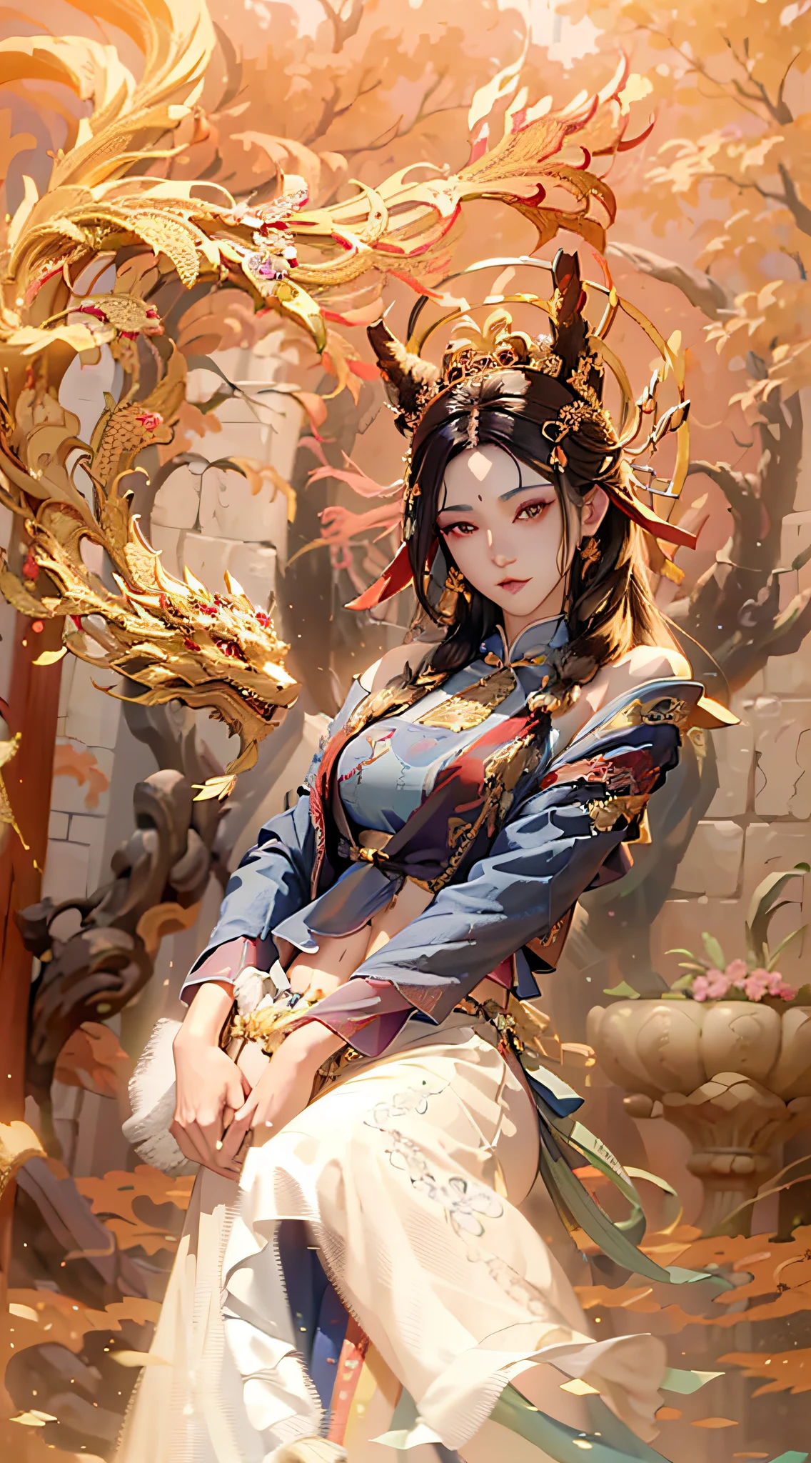 (RAW photos, best quality), (realistic, Photo Realism: 1.3), Extremely Refined and Beautiful, Amazing, Fine Detail, Masterpiece, Ultra Detail, High Resolution, (Best Illustration), (Best Shadow), Intricate, (in a crimson gold Chinese dragon, surrounded by gold dust, black flowers, trees, petals, wind, God, long wavy body, fangs, fantasy, mythology, high quality, highly detailed, masterpiece, epic, particle effects, dynamic effects, (Dragon: 1.4 in front of), clouds, storms, mountains, sunsets, clear focus, volumetric fog, 8k Ultra HD, DSLR, High quality, (Film grain: 1.4), Fujifilm XT3,Official Art, Unity 8K wallpaper, Ultra detailed, Beautiful and beautiful, Best quality, (Zen entanglement, tangled, entangled), (fractal art: 1.4), 1 girl, brunette hair, Chinese, bare shoulders, short skirt, calf, navel, very detailed, dynamic angle, denim lens, (most beautiful chaotic shape), flow, (bright colors), OC, (half: 1.2), china, (tape: 1.3), (Dream: 1.5), (Hanfu: 1.5), Chinese Dragon, (Smile: 0.5), (Chinese God), Realistic, Ultra High Resolution, Complex, Ultra Detailed, (Skin Dents), Female, Detailed Body, (Detailed Face: 1.1), (Contoured Iris), (Watercolor Lenses), (Perfect Eyes), 4K, Gorgeous, (Masterpiece: 1.2), (Best Quality: 1.2), Wide Buttocks, Thick Thighs, (Big Tits: 1.2) and (Big Tits: 1.2), Debauchery, Seductive pose.