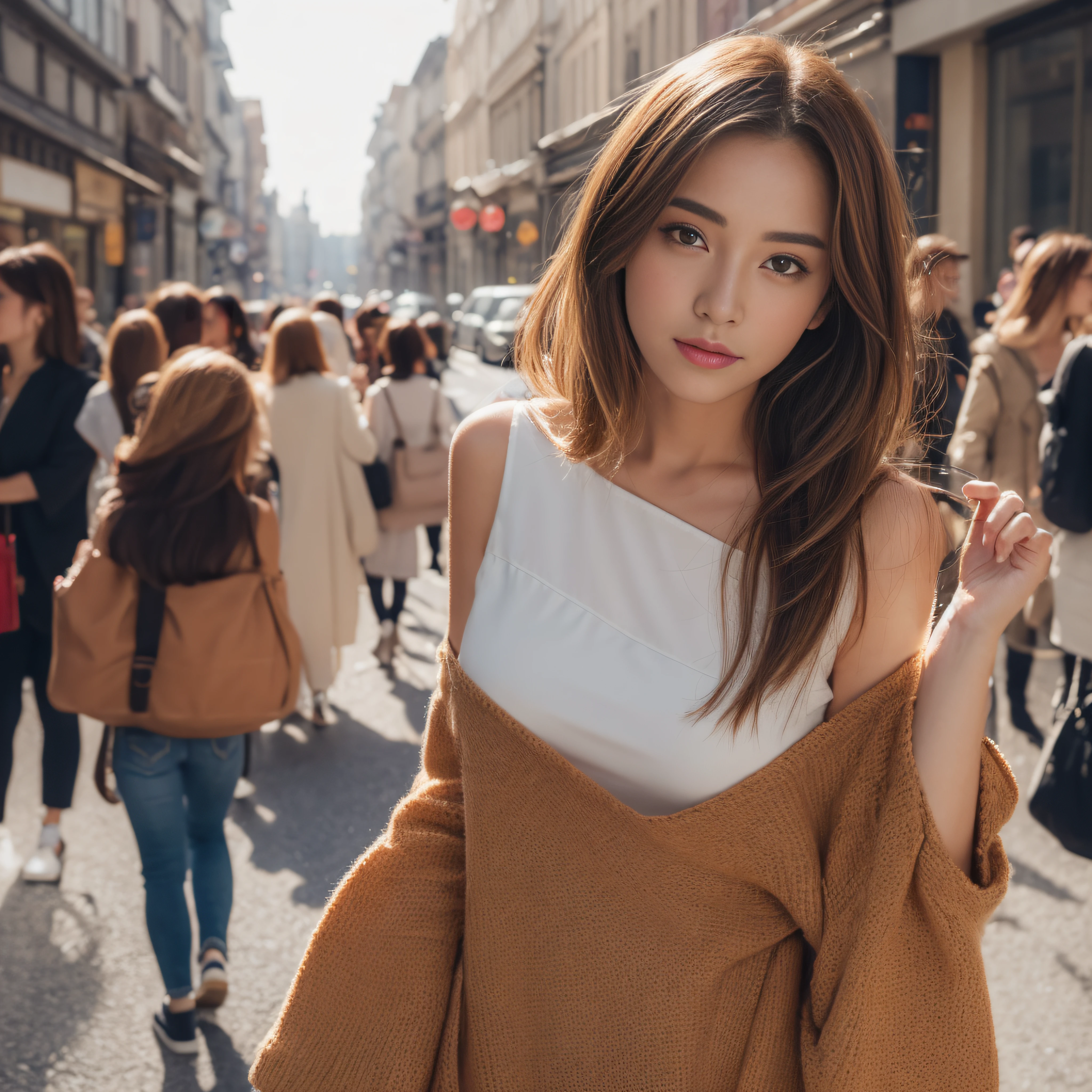 ((top-quality、8K、masuter piece:1.3))、Cinematic tones、Wide View、PM7:00、Model body shape beauty woman with bag and smartphone:1.20、(Highlight Haircuts)、(((Back lighting)))、Influencer、Bustling street、Black off-shoulder、full body Esbian、女の子1人、Hungarian、bule、shinny detailed skin、hyperdetailed face、A detailed eye、二重まぶた、full body Esbian、Brown hair、