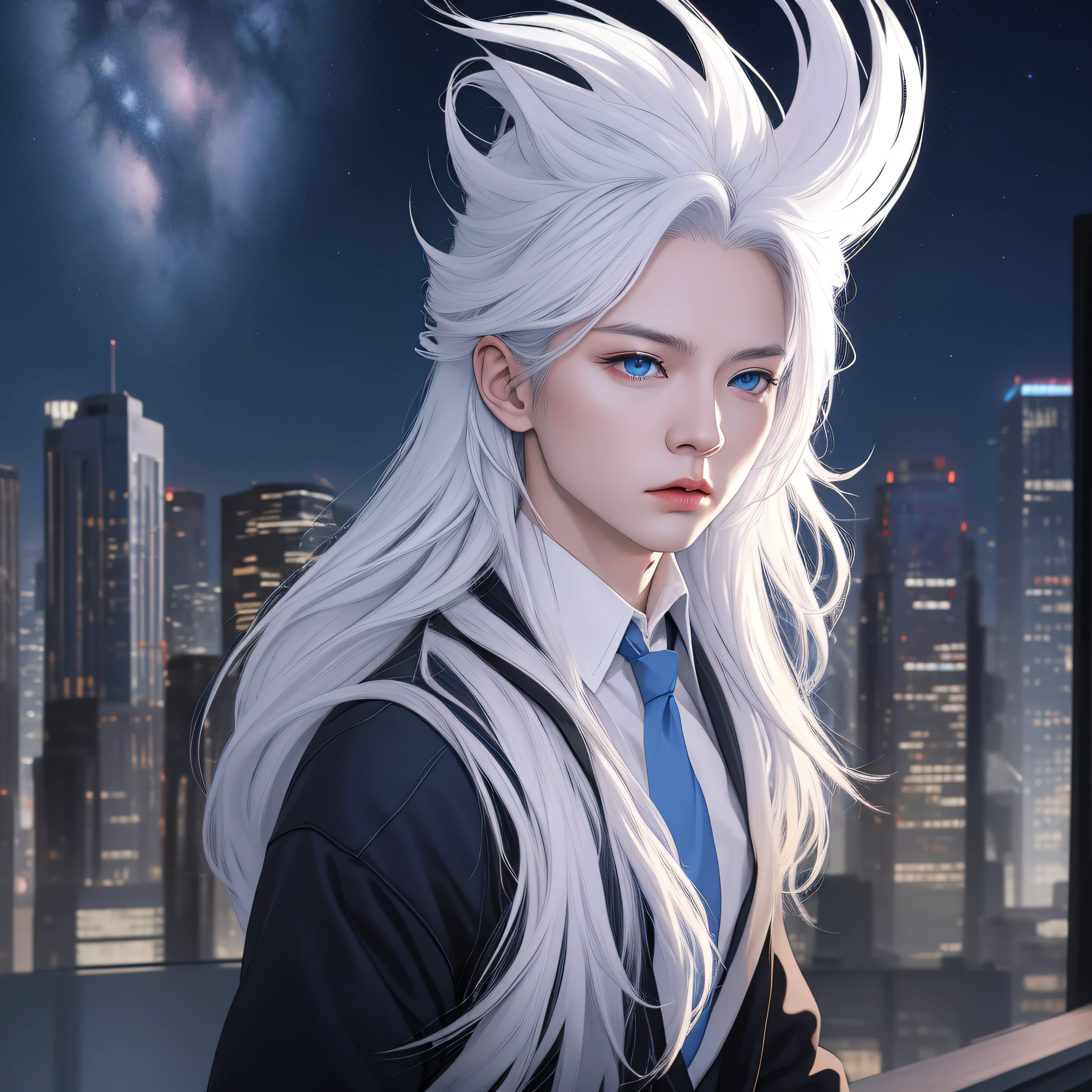 1boy, solo, male focus, white hair, necktie, spiked hair, long hair, blue eyes, collared shirt, upper body, standing on the (skyline:cityscape:1.2), the night sky with stars and the milky, a photo by Fred A. Precht, featured on unsplash, space art, photo taken with ektachrome, nightscape, sense of awe ,fiction art, RAW photo, hanfu picture, best photo, best photo quality, 8k quality, 8k ultra, super realistic, real photo most economical, the goddess poses sexy and seductive,
