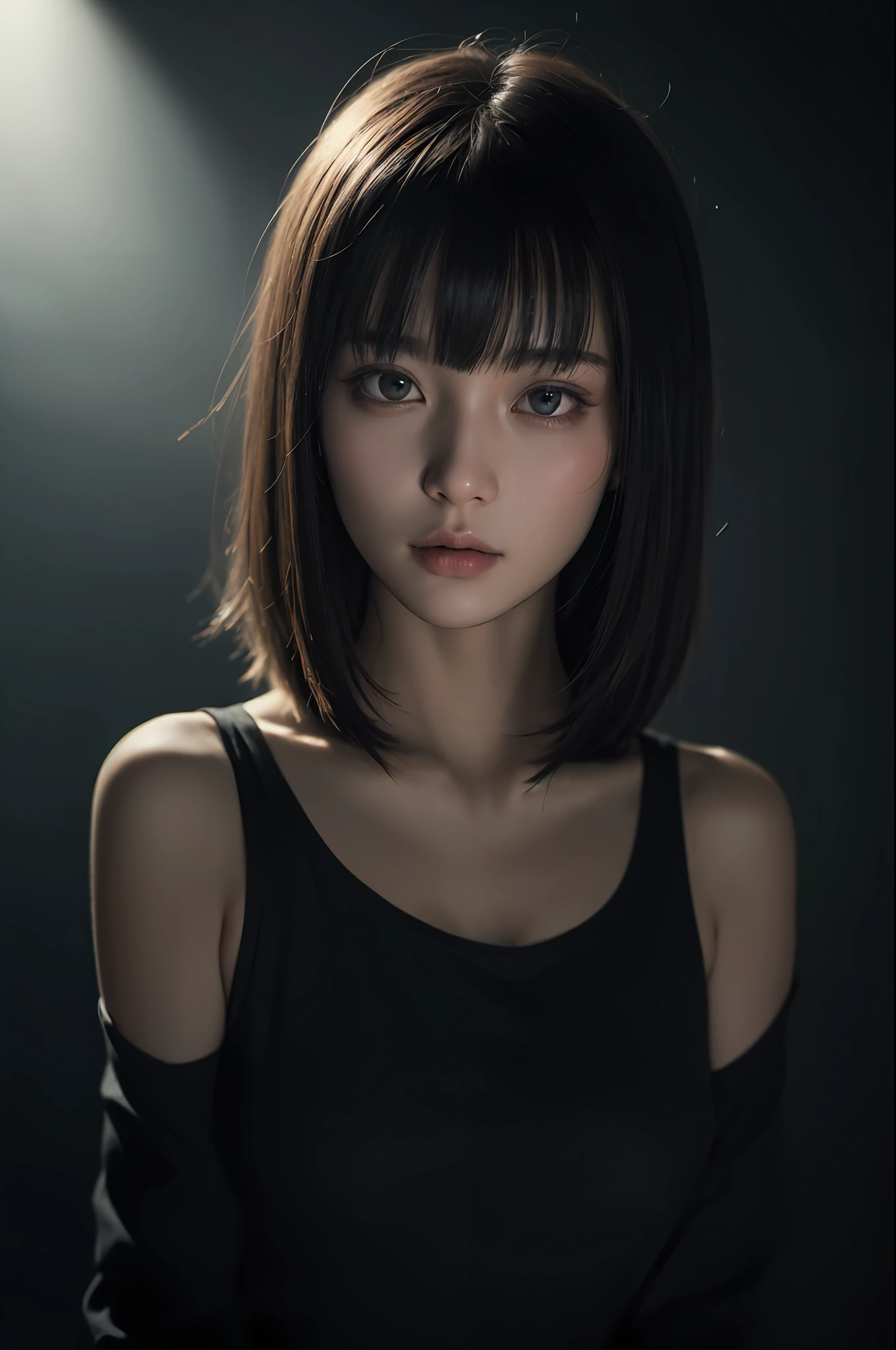 a 30 yo woman,(hi-top fade:1.3),long hair,dark theme, soothing tones, muted colors, high contrast, (natural skin texture, hyperrealism, soft light, sharp),