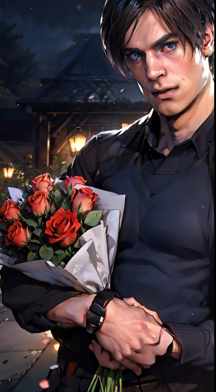 A handsome guy with a beautiful torso holds a bouquet of black roses in his hand, night