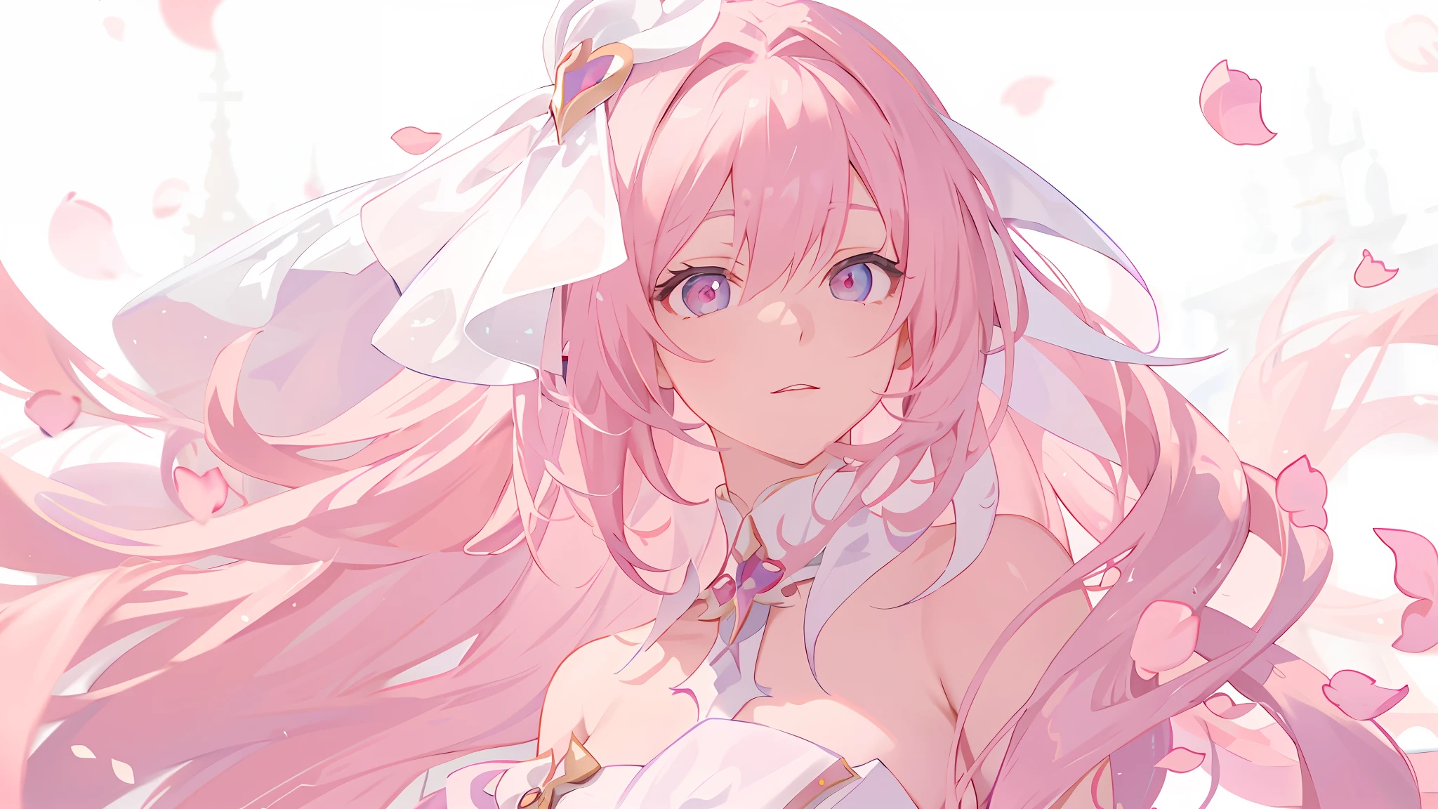 elysia_(honkai_impact),anime girl with long pink hair and a white hat, Arte Zerochan, Soft anime illustration, ethereal anime, sakura petals around her, Arte Oficial, arte chave detalhada do anime, arte de anime limpa e detalhada, arte de anime digital detalhada, cushart krenz arte chave feminina, portrait of magical young girl, arte oficial, night core, arte detalhada do anime
