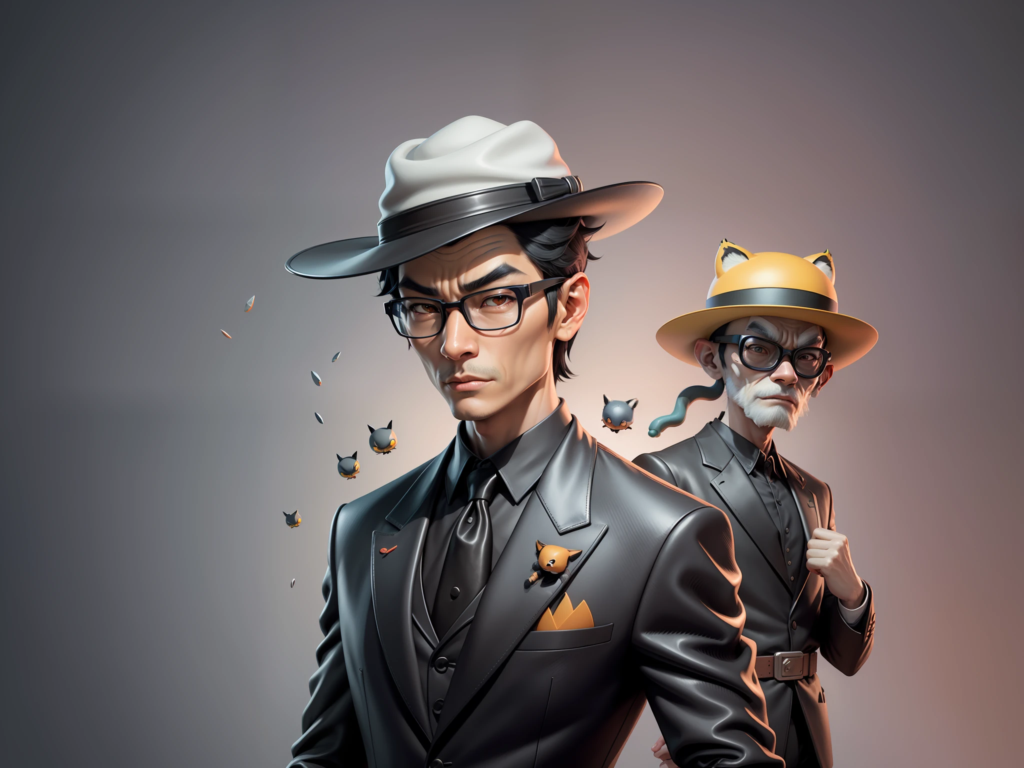 Young man with oriental face in leather hat, tiger, oriental face in formal suit, short black hair, silver glasses, digital painting, 3D character design by Mark Clairedon and Pixar and Hayao Miyazaki and Akira Toriyama, the illustration is a high-definition illustration in 4K resolution with very detailed facial features and cartoon-style visuals.