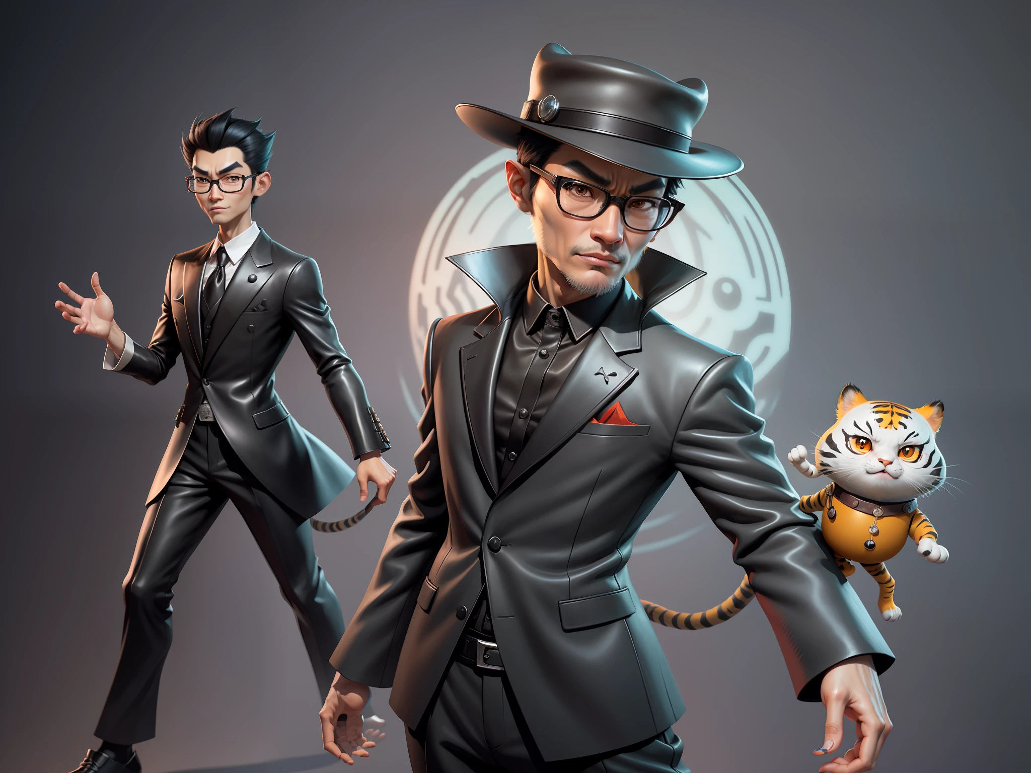 Young man with oriental face in leather hat, tiger, oriental face in formal suit, short black hair, silver glasses, digital painting, 3D character design by Mark Clairedon and Pixar and Hayao Miyazaki and Akira Toriyama, the illustration is a high-definition illustration in 4K resolution with very detailed facial features and cartoon-style visuals.