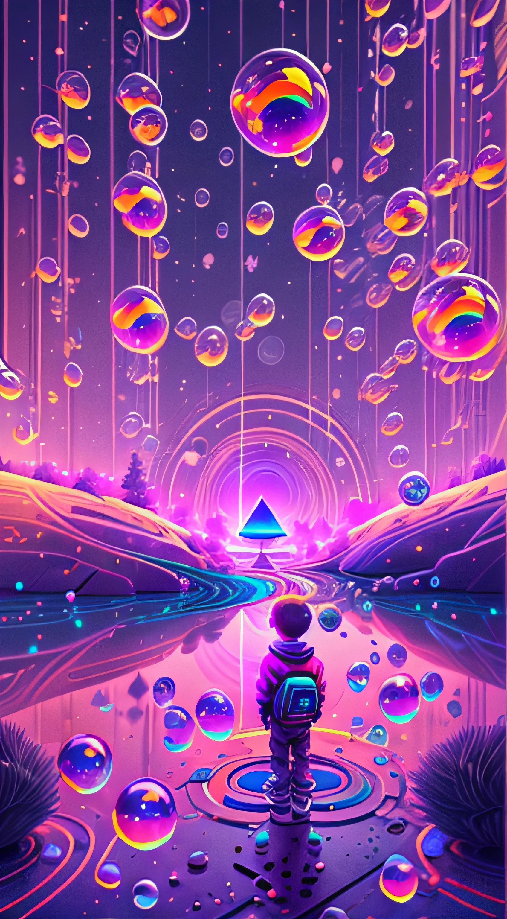 anime scene of a boy standing on a Mysterious path to a land of bubbles, looking at a space with bubbles, 3 d render beeple, beeple masterpiece, beeple rendering, beeple artwork, artgem and beeple masterpiece, inspired by Beeple, in style of beeple, beeple art, beeple daily art, beeple style