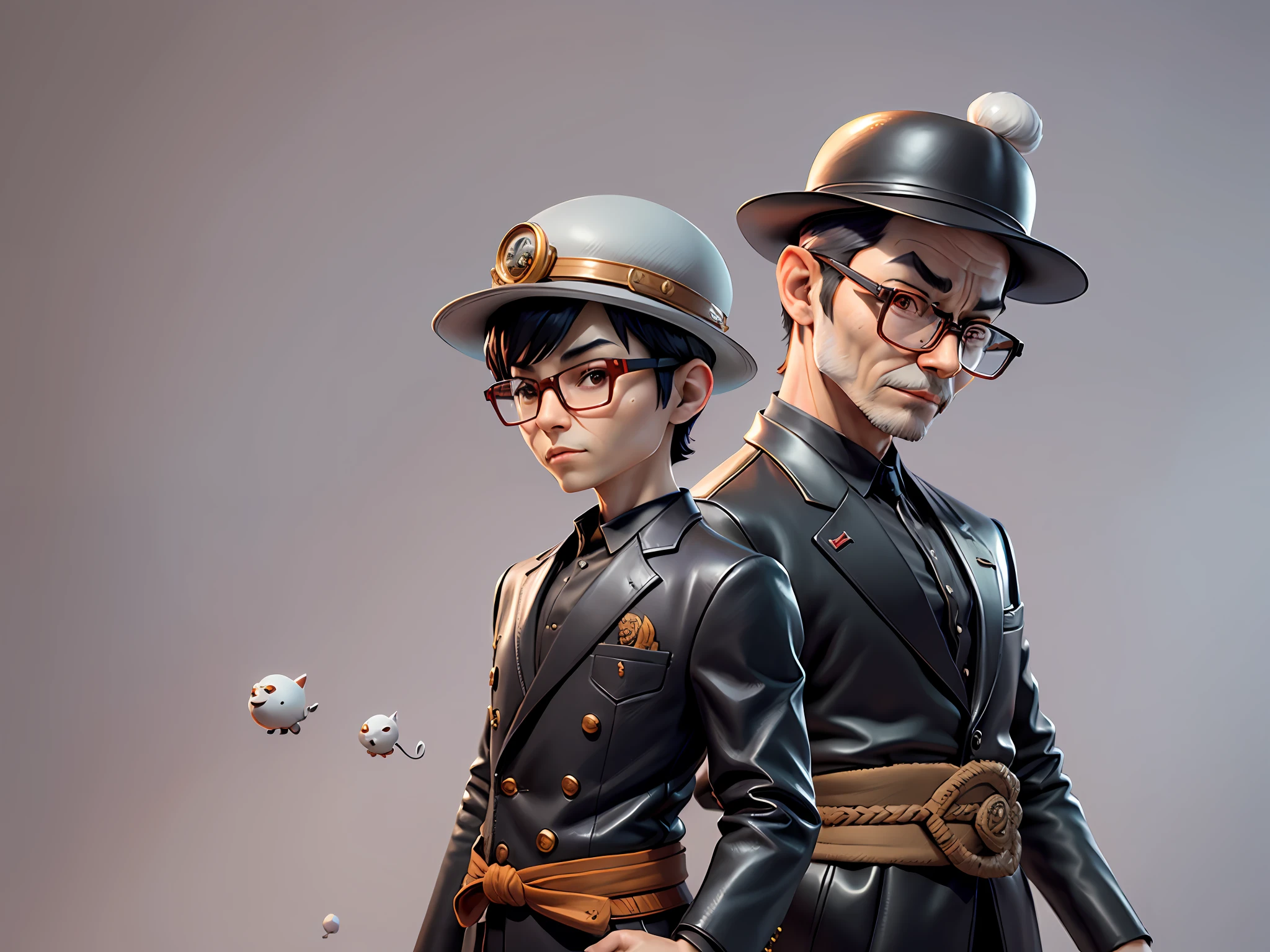 Young man with oriental face in leather hat, tiger, oriental face in formal suit, short black hair, silver glasses, digital painting, 3D character design by Mark Clairedon and Pixar and Hayao Miyazaki and Akira Toriyama, the illustration is a high-definition illustration in 4K resolution with very detailed facial features and cartoon-style visuals.