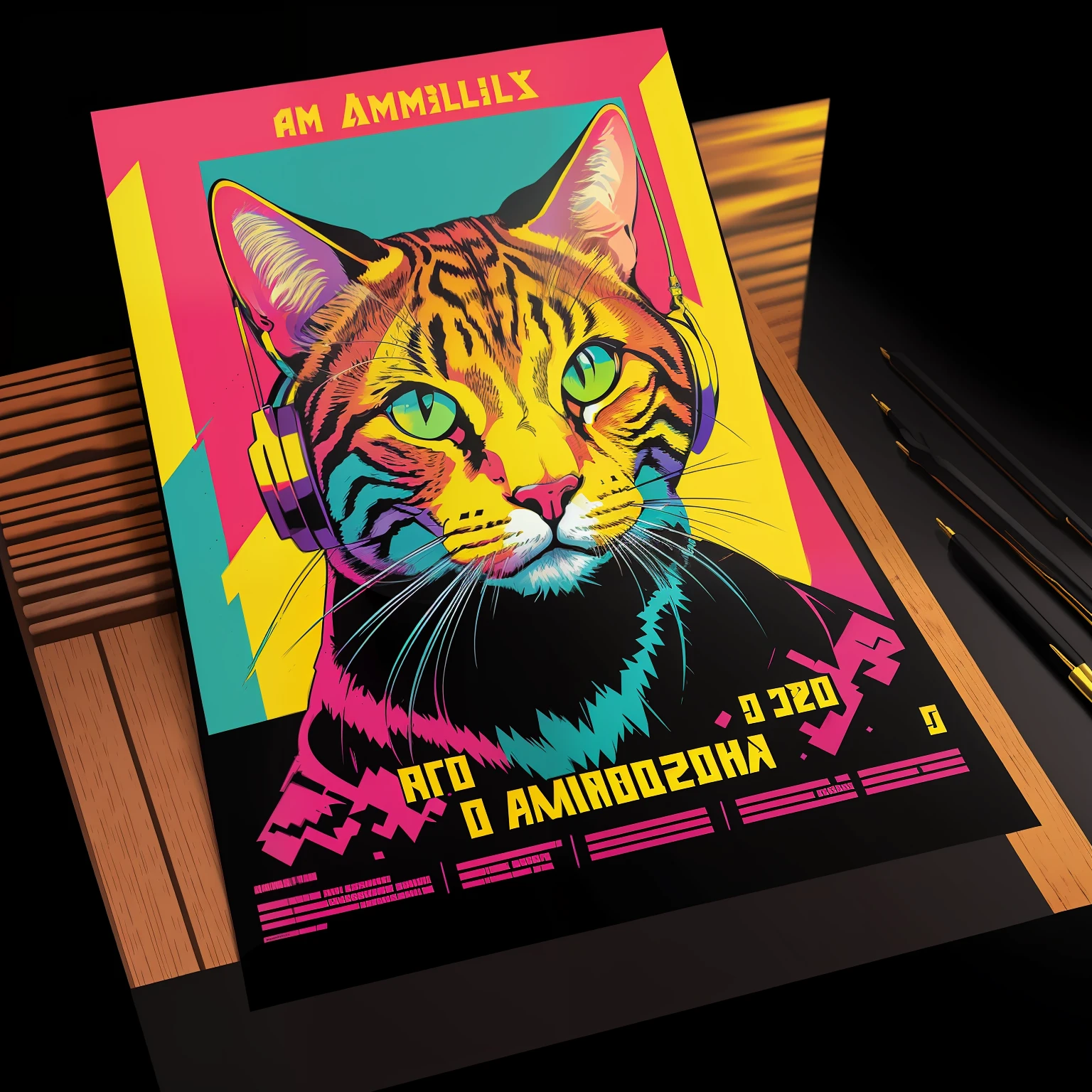 gato dj, cartaz de propaganda, ammolite, cores fortes brilhantes, butcher billy, Bauhaus, flat illustration, Cruzamento de animais --auto