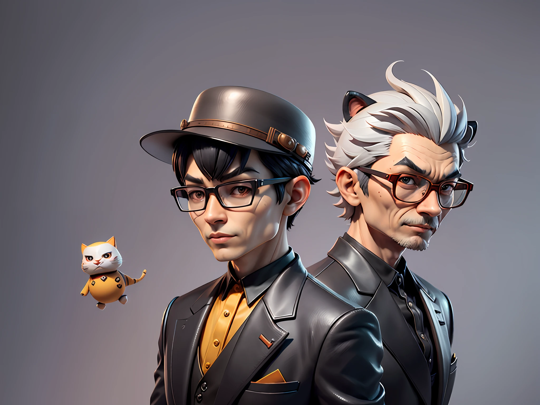 Young man with oriental face in leather hat, tiger, oriental face in formal suit, short black hair, silver glasses, digital painting, 3D character design by Mark Clairedon and Pixar and Hayao Miyazaki and Akira Toriyama, the illustration is a high-definition illustration in 4K resolution with very detailed facial features and cartoon-style visuals.