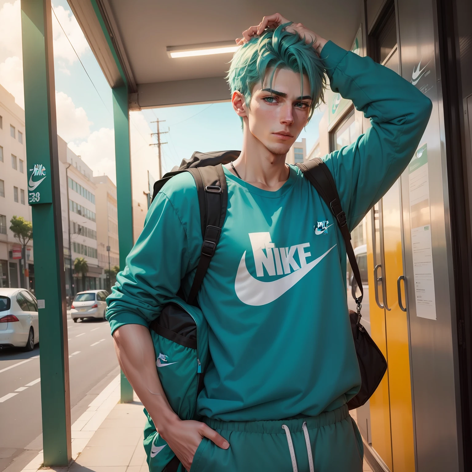 A tall boy with green eyes with blue hair in a turquoise blue shirt with nike symbol and sweatpants with a backpack on the back