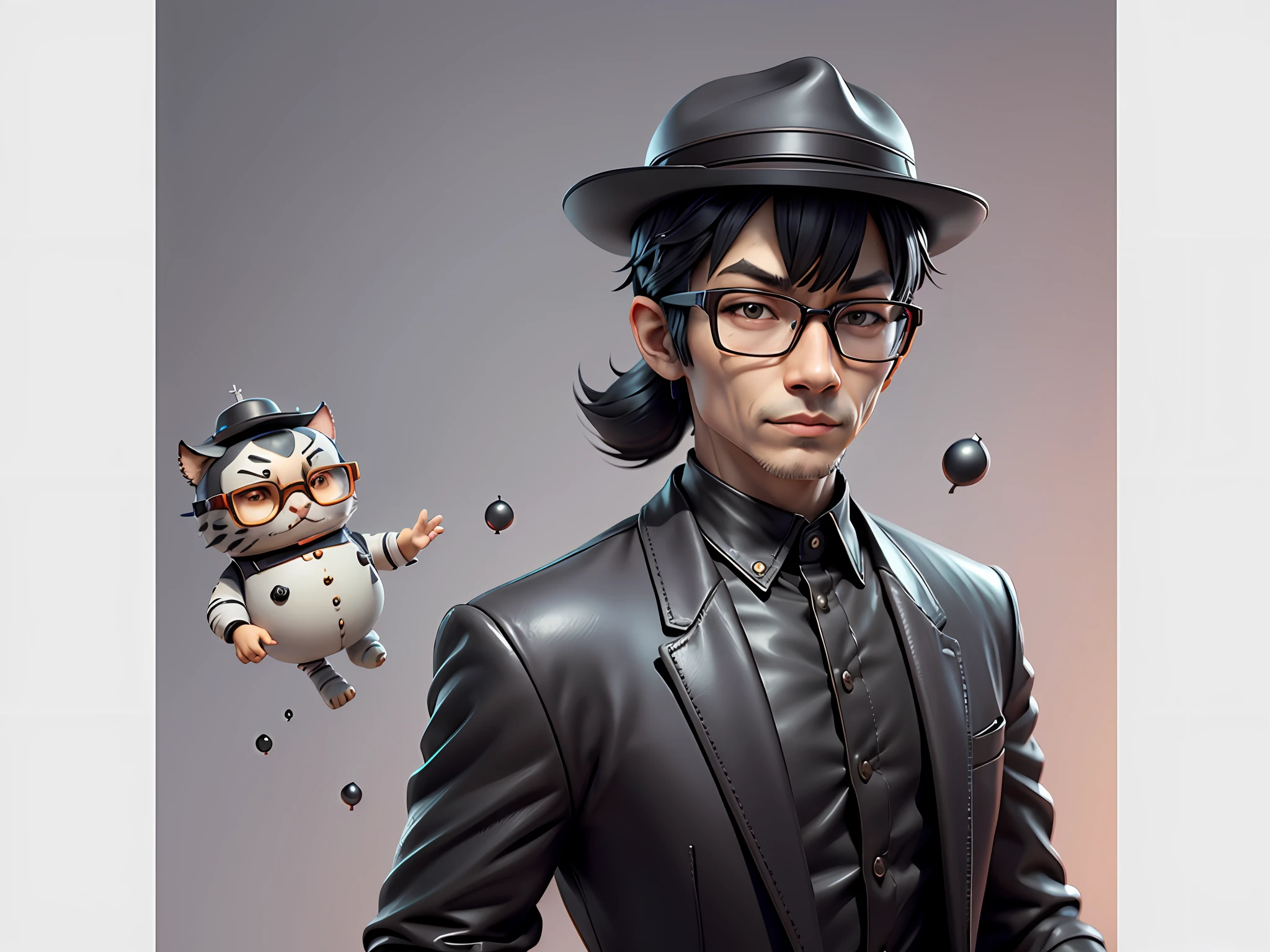 Young man with oriental face in leather hat, tiger, oriental face in formal suit, short black hair, silver glasses, digital painting, 3D character design by Mark Clairedon and Pixar and Hayao Miyazaki and Akira Toriyama, the illustration is a high-definition illustration in 4K resolution with very detailed facial features and cartoon-style visuals.