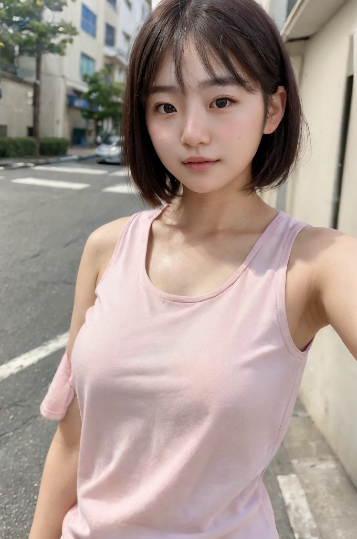 ((masterpiece)),(best quality,top quality,8k),amateur light,amateur picture,(ultra realistic poros),close up,detailed eyes and face,(raw photo:1.0),1girl,cute japanese girl wearing pink sleeveless shirt taking selfie,no make up,natural face,short hair,small boobs,huge chest,photorealism,20 years old,street