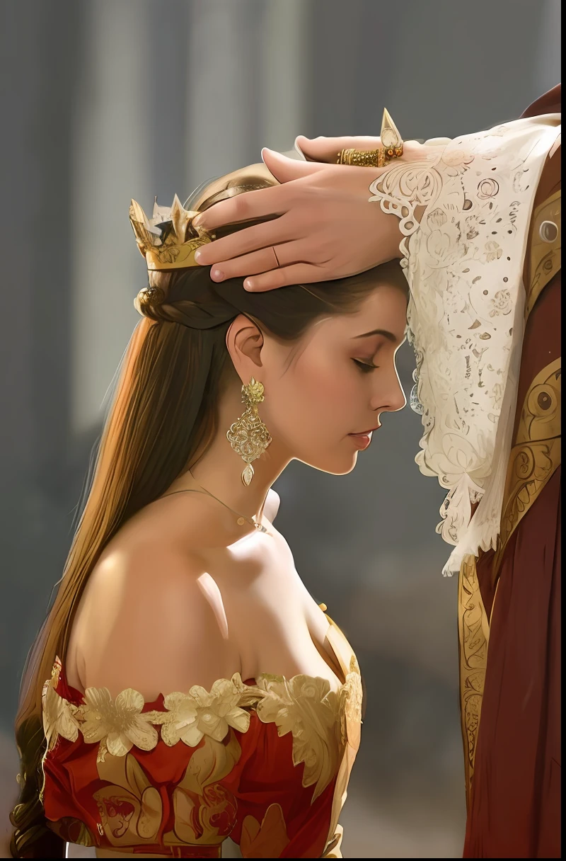 Arafed woman in a red dress with a crown on her head, diadem on the head, vestindo roupas elegantes Tudor, princesa medieval, queen crown on top of her head, Os tudors, usando coroa, rainha bonita, vestido como uma rainha, Ana de Armas como Joana D'Arc, lovely languid princess, ((uma bela imperatriz fantasia))