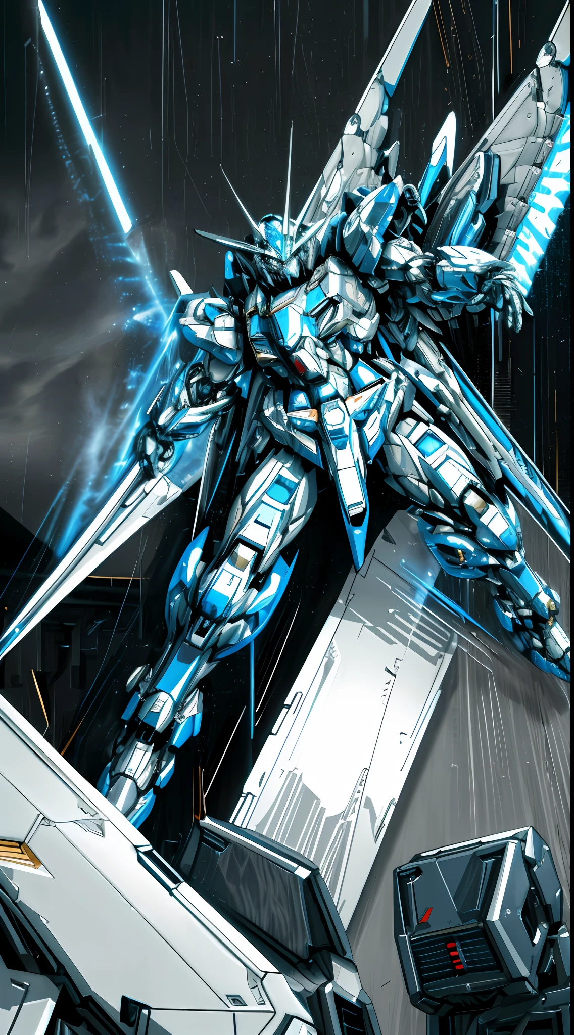 Gundam Style Very rich mechanical details 8kcg Wallpapers Combat damage Masterpiece Realistic style Close-up Realistic light blue lightwing with rich mechanical detail PR rendering Humanoid mech Extreme detail Gundam side face Gloomy sky Rain Standing in the center Exterior armor with very rich mechanical details Top quality Flying wing floating gun around the surroundings