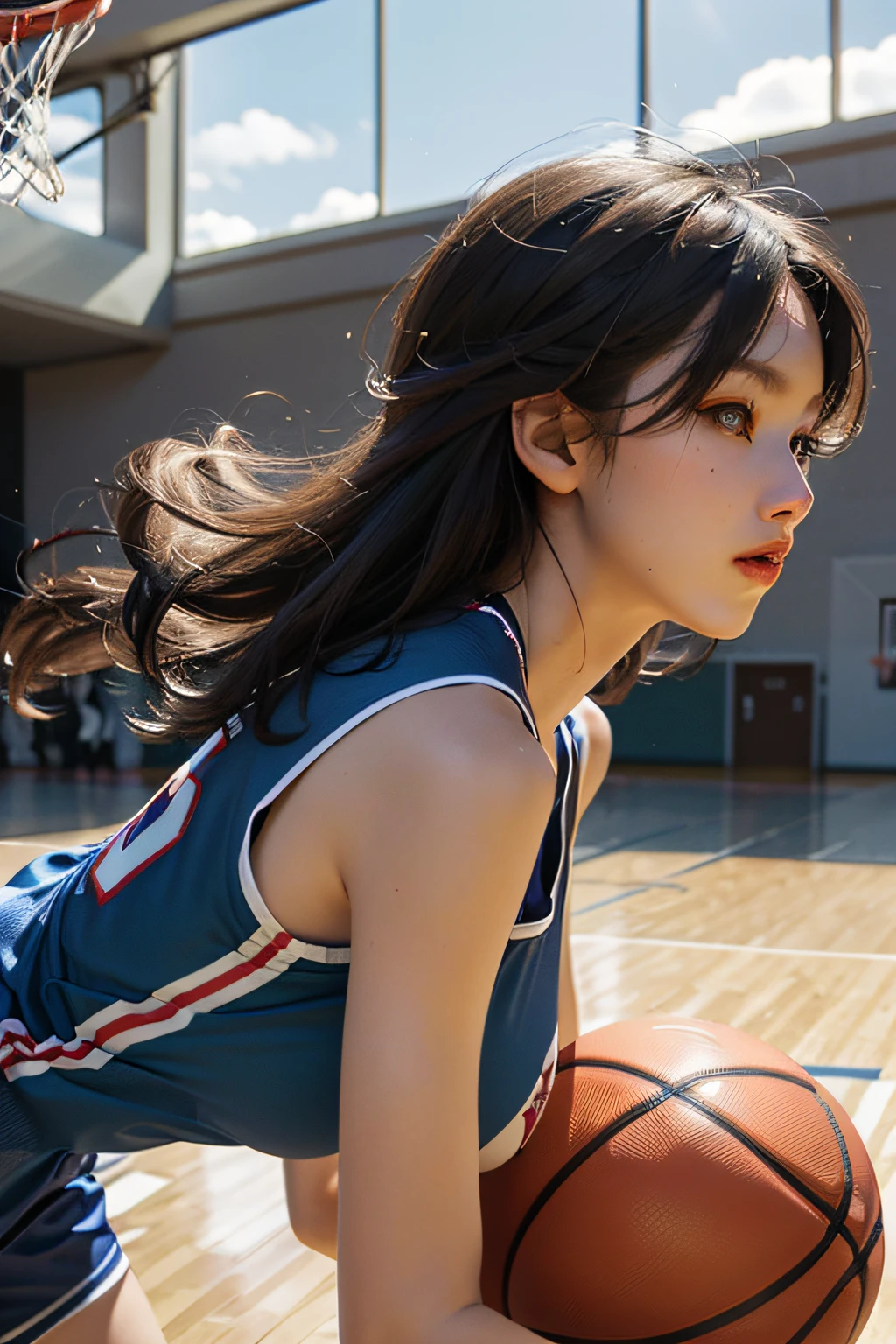 (RAW photo, 4k, masterpiece, high resolution, extremely complex) (realistic: 1.4), cinematic lighting
1 Girl, Solo Focus, Summer Noon, Hot, 1990s\(Style\), (Best Quality), (Highres), (an Extremely Delicate and Beautiful),,(Beautiful 8k face),(Brown eyes),(ulzzang-6500:1.0),(solo),(Looking side),( spectators),(large breasts),(NBA),bent over,,lookside,(side), ,(Basketball sportswear),((Play basketball)),((gymnasium)),((speed)),(reality),