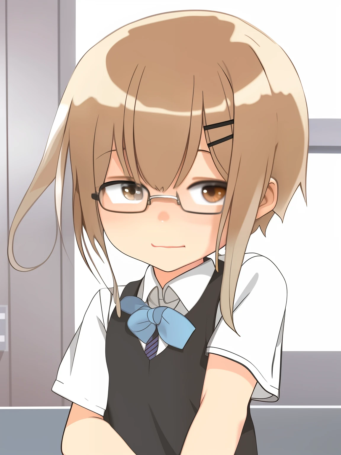 1girl, school uniform, short blonde hair, glasses, shy cute,