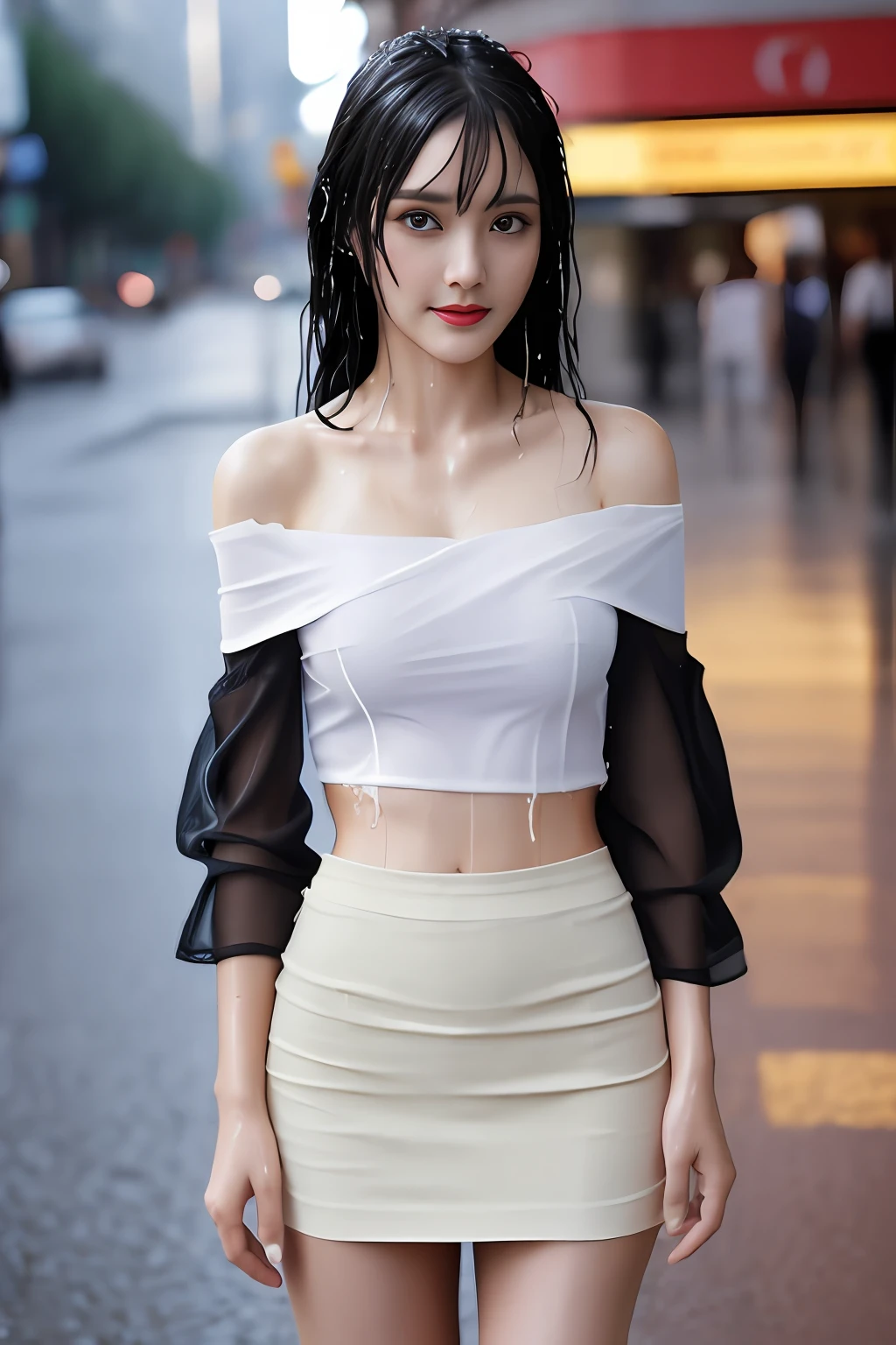 ((1 female: 1.5)), (anatomically correct proportions), (sexy proportions), ((sexy poses)), ((whole body: 2)), detailed face, detailed hair, Detailed skin, ((small face: 1.2)), thin waist, (large breasts), ((short torso)), ((1 screen)), 8K, RAW shot, highest quality, ((masterpiece)) , realistic photo, shot above the knee, (beautiful face like a Japanese actress), 18-year-old beauty, (((raining city street in the near future: 1.5))), (neon sign In a beautiful city: 1.5), ((beautiful woman standing in the rain)), ((body is soaking wet)), (((sheer off-shoulder blouse is (wet)))), ((wet (Sticking to the skin) off-shoulder blouse: 1.5)), ((body-fitting off-shoulder blouse)), ((no bra: 1.5)), (((nipple shadow: 1.5))), (( light-colored blouse)), ((tight skirt is (wet): 1.5)), (((wet hair: 1.2))), (((wet bangs: 1.8))), (sad expression)