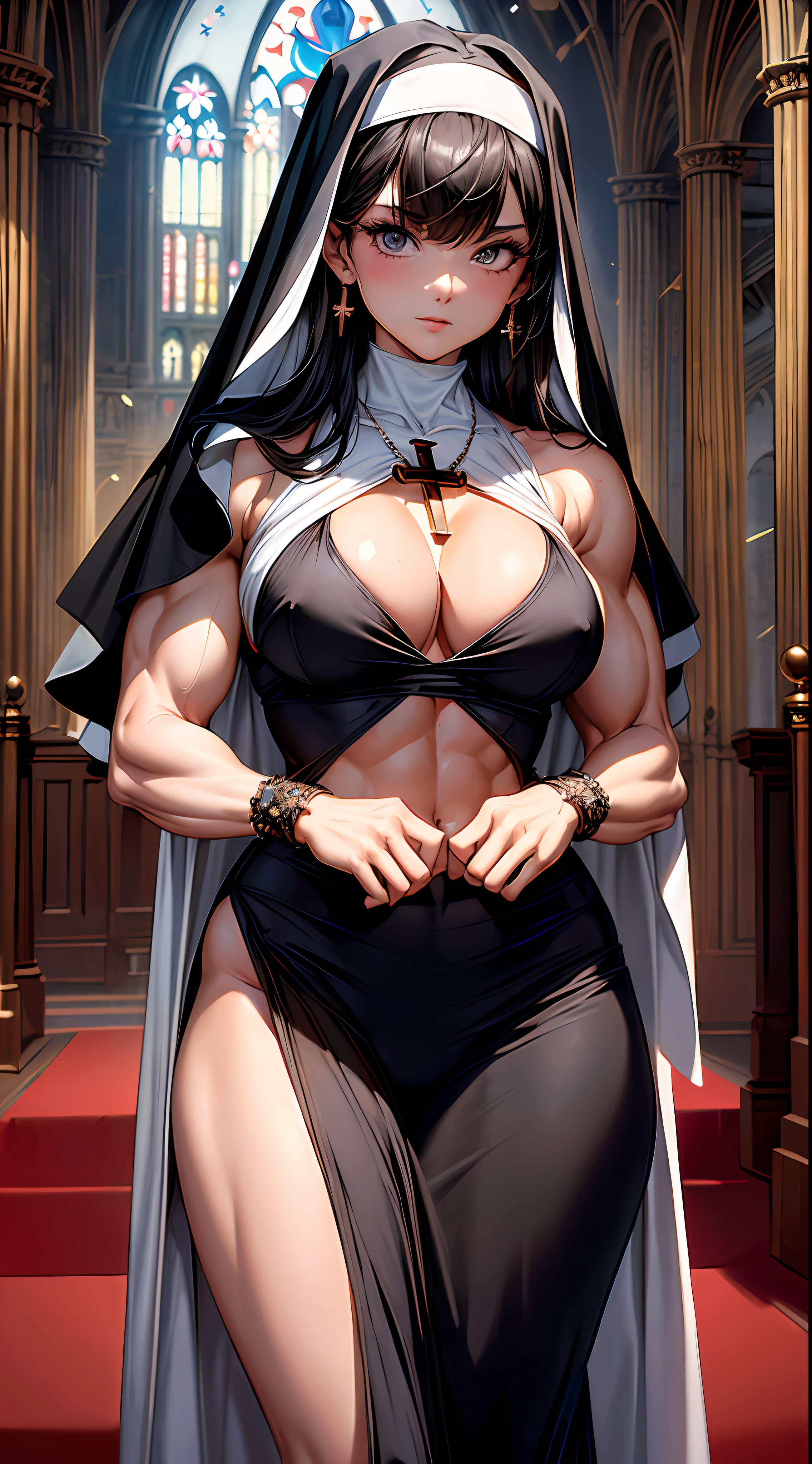 (body_builder:1.4),masterpiece,1girl, cleavage cutout,nun, veil, standing, church,indoors,cross necklace, cross earrings,(extremely detailed CG unity 8k wallpaper,masterpiece, best quality, ultra-detailed, beautiful detailed eyes:1.2),best illumination, (best shadow, an extremely delicate and beautiful, bloom),