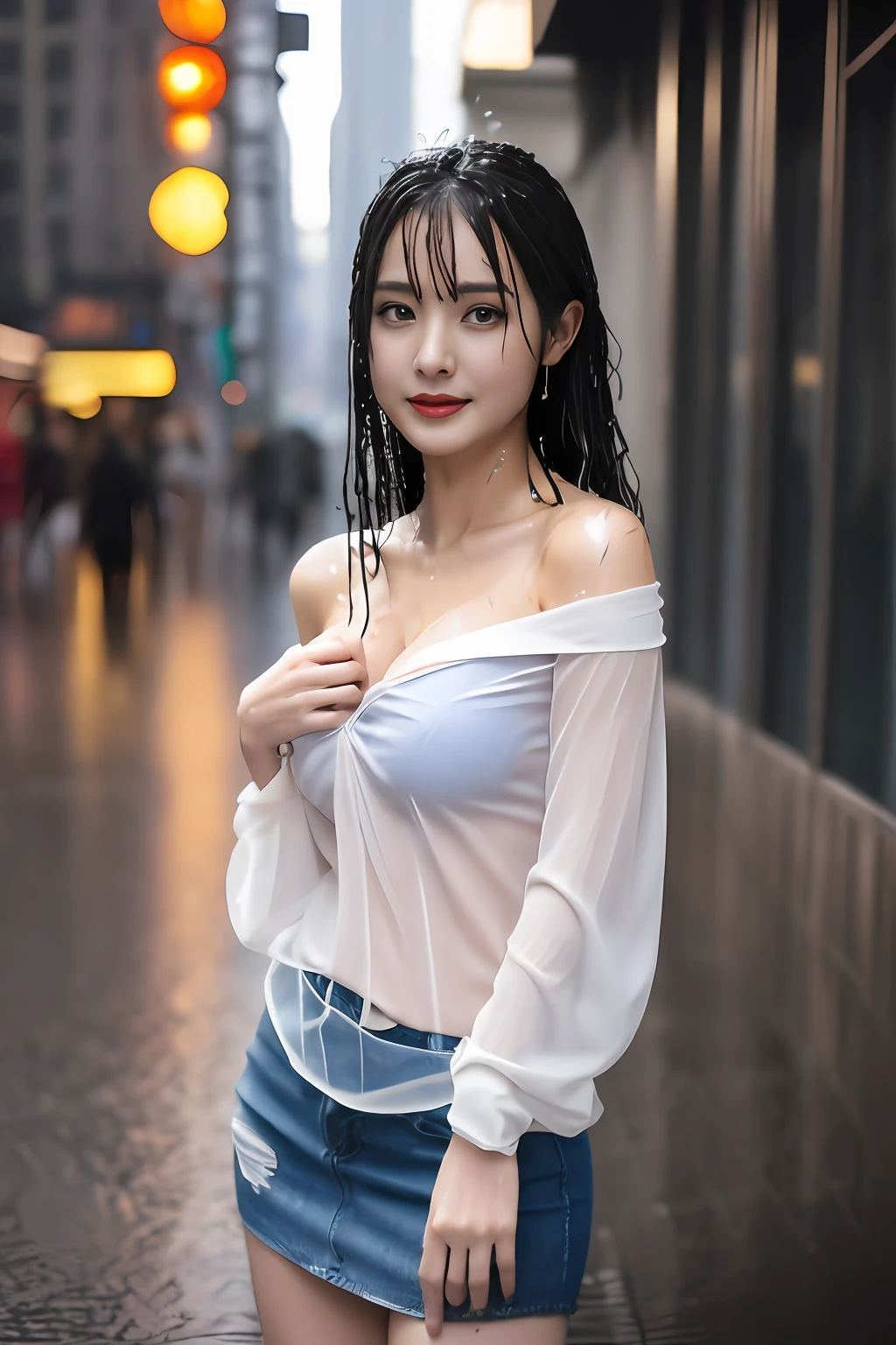 ((1 female: 1.5)), (anatomically correct proportions), (sexy proportions), ((sexy poses)), ((whole body: 2)), detailed face, detailed hair, Detailed skin, ((small face: 1.2)), thin waist, (large breasts), ((short torso)), ((1 screen)), 8K, RAW shot, highest quality, ((masterpiece)) , realistic photo, shot above the knee, (beautiful face like a Japanese actress), 18-year-old beauty, (((raining city street in the near future: 1.5))), (neon sign In a beautiful city: 1.5), ((beautiful woman standing in the rain)), ((body is soaking wet)), (((sheer off-shoulder blouse is (wet)))), ((wet (Sticking to the skin) off-shoulder blouse: 1.5)), ((body-fitting off-shoulder blouse)), ((no bra: 1.5)), (((nipple shadow: 1.5))), (( light-colored blouse)), ((tight skirt is (wet): 1.5)), (((wet hair: 1.2))), (((wet bangs: 1.8))), (sad expression)