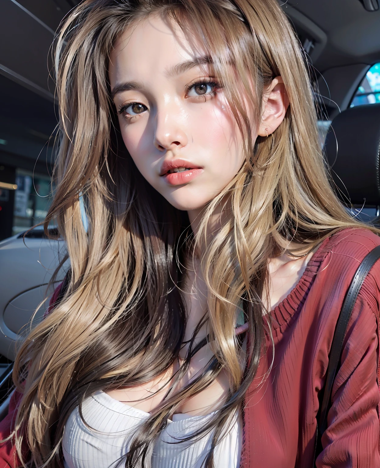 An Arad woman with long hair sits in a car wearing a red sweater, Black color hair,18 years old, Young Korean woman,with a round face,heart - shaped face,Profile image, With long hair, 19-year-old girl, plain face, 8k ultra high definition, digital SLR camera, filmgrain, Fujifilm XT3 Realistic painting art,Physically-based rendering, RAW photo, highly detailed back ground, (photograph realistic:1.35),Facial light and shadow,(flatchest:1)