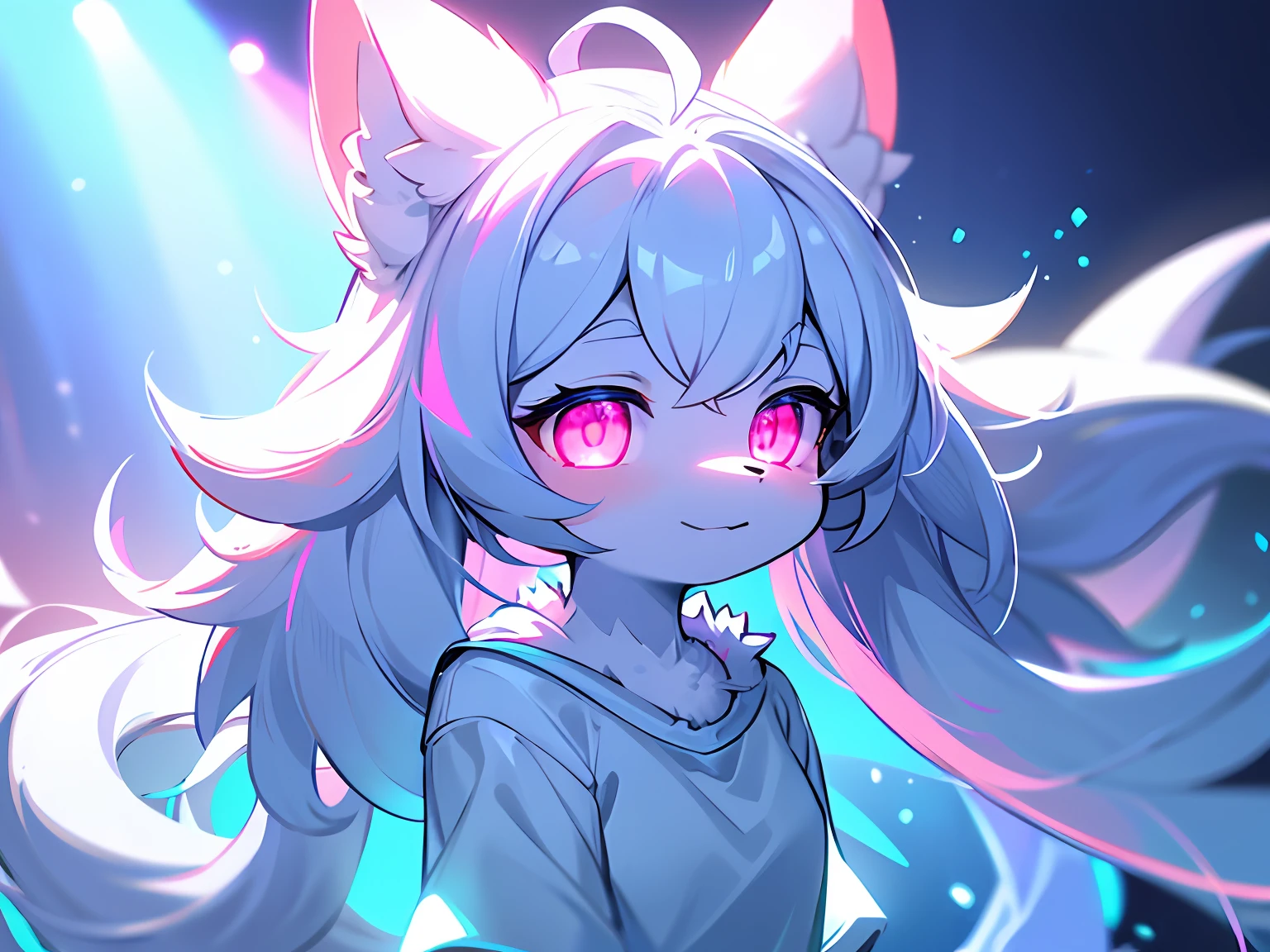 hairy pubic,White fur,hyper cute face,Light blue element on fur,Glowing pink eyes,White T-shirt,Nice tail,Beautiful lights and shadows,ambient lights,Ultra-fine fur,volumettic light,busts
