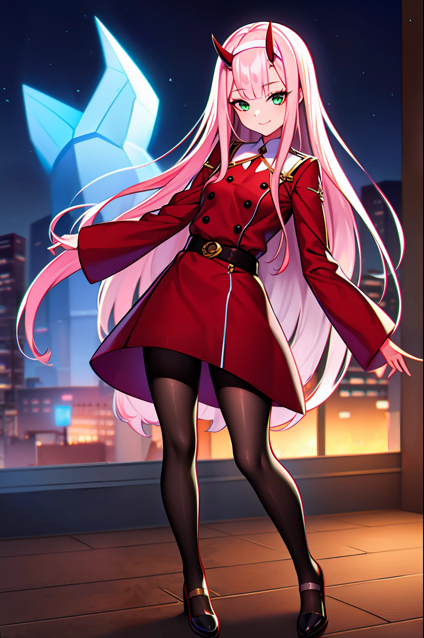 Zerotwo，high qulity，hyper-detailing， 1girll， By bangs， night club， shairband， banya， long whitr hair， longer sleeves， looking at viewert， red blous， belt, Pantyhose, Green eyes,， oni horn， Pink hair，pair of small red horns, Pink hair, Red eyeshadow, taut skin ， ssmile， 独奏， standing on your feet， white hair ribbon， （（tmasterpiece）），Smooth and shiny，4K，Full body photo，