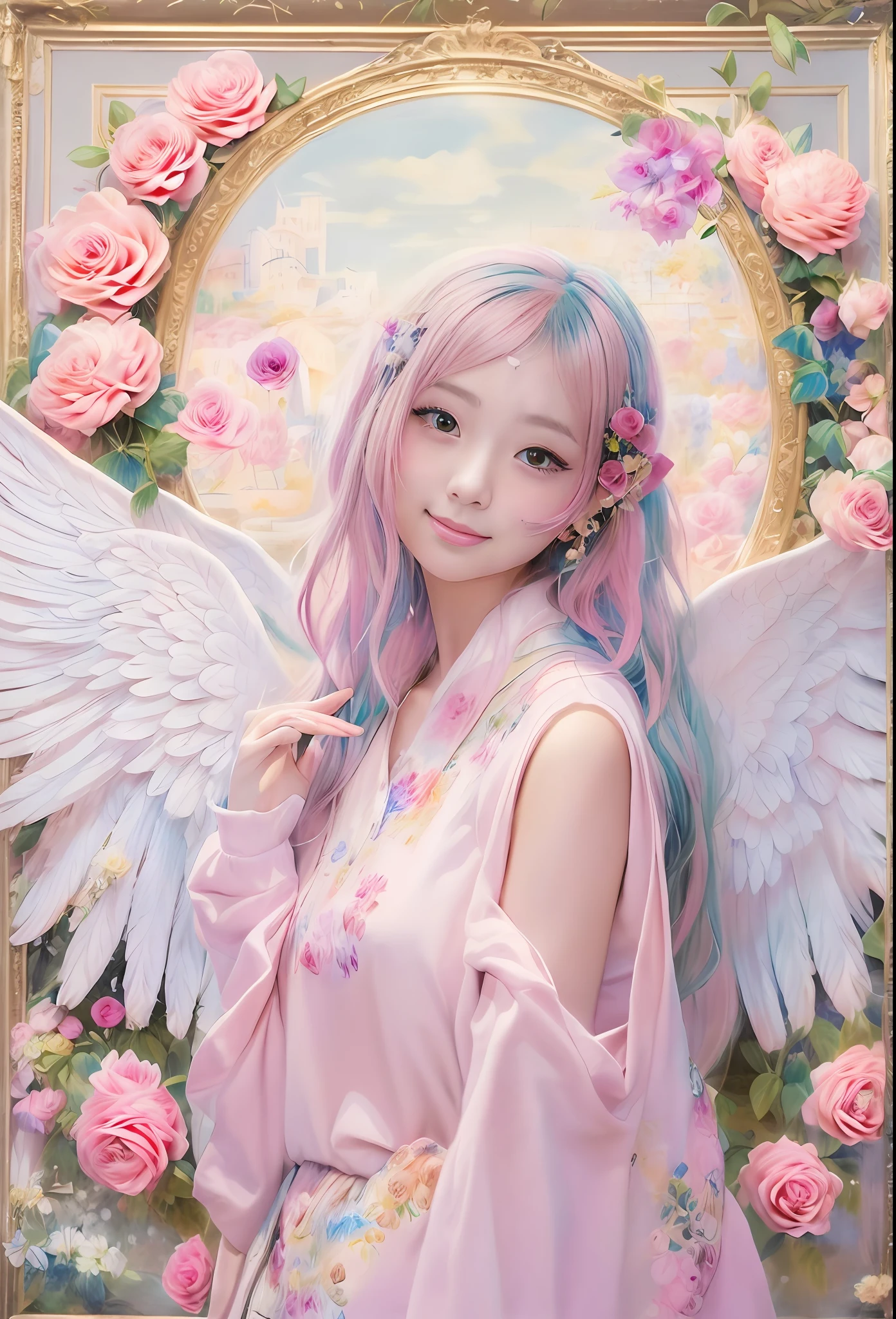 kawaii、Pale pink color illustration、(Angel wings、😇、a smile、😌🥰Archaic Smile).hyper realstic、Ultra-realistic、Depiction of the human body without distortion、Monna Lisa、Woman in the Arms、Near and far law、Three-dimensional、Contemporary painting、moderno、world masterpiece、collection、Homage to the art or artist work of Picasso and Renoir, Not sentimental、Excellent portrayal、Gentle expression、More detailed character faces, Serious competition、Compositions like paintings、(Konmutsuki_Gacha_Series 1, punk_rosette), Realistic、Delicate brushwork、aqua color flowers, (Full body, elegant flowers background)