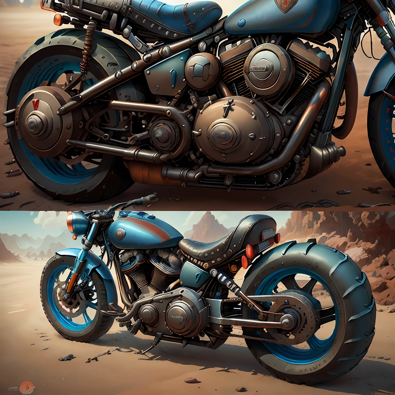 Harley-Davidson Rua Glide),Vista Total Mad Max CogPunkAI ,Cores 64 k, ((vermelho,azul)portanto,4D ,