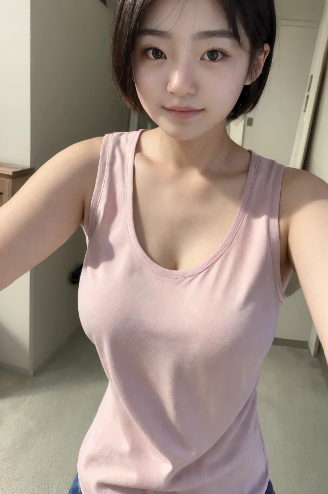((masterpiece)),(best quality,top quality,8k),amateur light,amateur picture,(ultra realistic poros),close up,detailed eyes and face,(raw photo:1.0),1girl,cute japanese girl wearing pink sleeveless shirt taking selfie,no make up,natural face,short hair,small boobs,huge chest,photorealism,20 years old,street