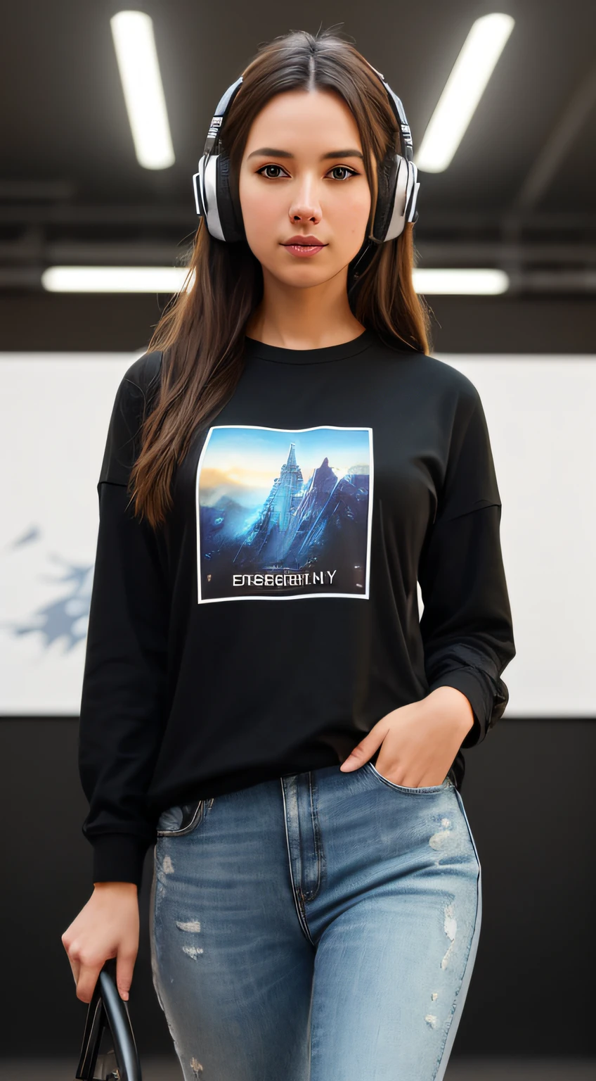 a woman with wavy long brown hair as a gamer girl standing straight, modelshoot style, (extremely detailed CG unity 8k wallpaper), photo of the most beautiful artwork in the world, professional majestic oil painting by Ed Blinkey, Atey Ghailan, Studio Ghibli, by Jeremy Mann, Greg Manchess, Antonio Moro, trending on ArtStation, trending on CGSociety, Intricate, High Detail, Sharp focus, dramatic, photorealistic painting art by midjourney and greg rutkowski, (T-shirt and black jeans and headphone), (futuristic), ((dreamhack event)), (black pants), ((standing at the dreamhack event)), (looking at viewer), (detailed pupils:1.3), (modern futuristic outfit:1.2), (closeup), neutral glossy lips, (eye shadow)