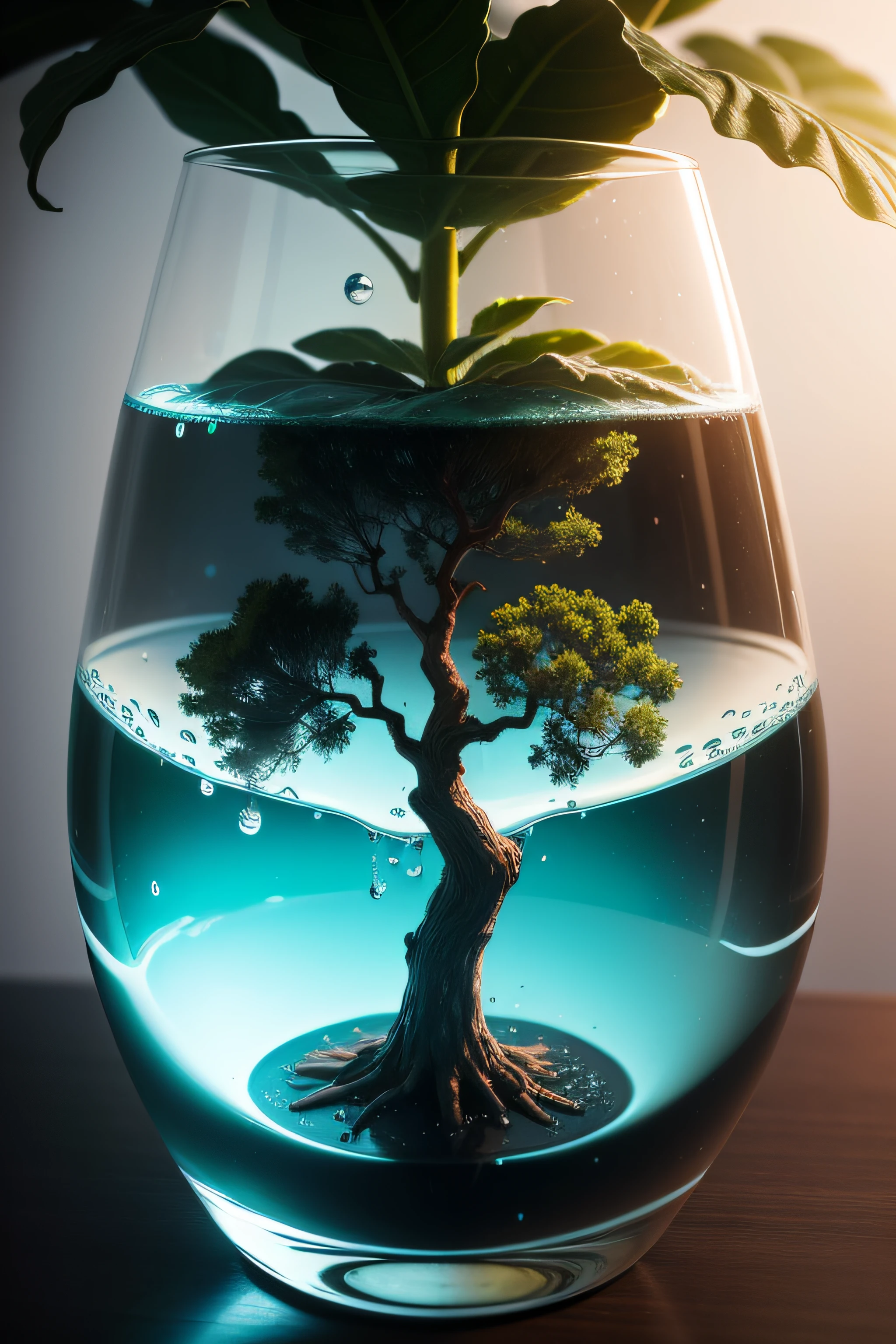 close-up of a tree with a drop of water inside, biotechnology, nanogenomic code, nanotechnology, nano-nucleus, plants grown in science glassware, biotechnology, bio nanogenomics, code nano gene