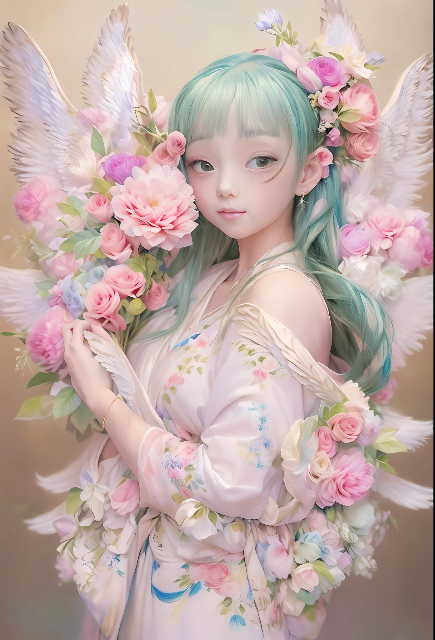 kawaii、Pale pink color illustration、(Angel wings、😇、a smile、😌🥰Archaic Smile).hyper realstic、Ultra-realistic、Depiction of the human body without distortion、Monna Lisa、Woman in the Arms、Near and far law、Three-dimensional、Contemporary painting、moderno、world masterpiece、collection、Homage to the art or artist work of Picasso and Renoir, Not sentimental、Excellent portrayal、Gentle expression、More detailed character faces, Serious competition、Compositions like paintings、(Konmutsuki_Gacha_Series 1, punk_rosette), Realistic、Delicate brushwork、aqua color flowers, (Full body, elegant flowers background)