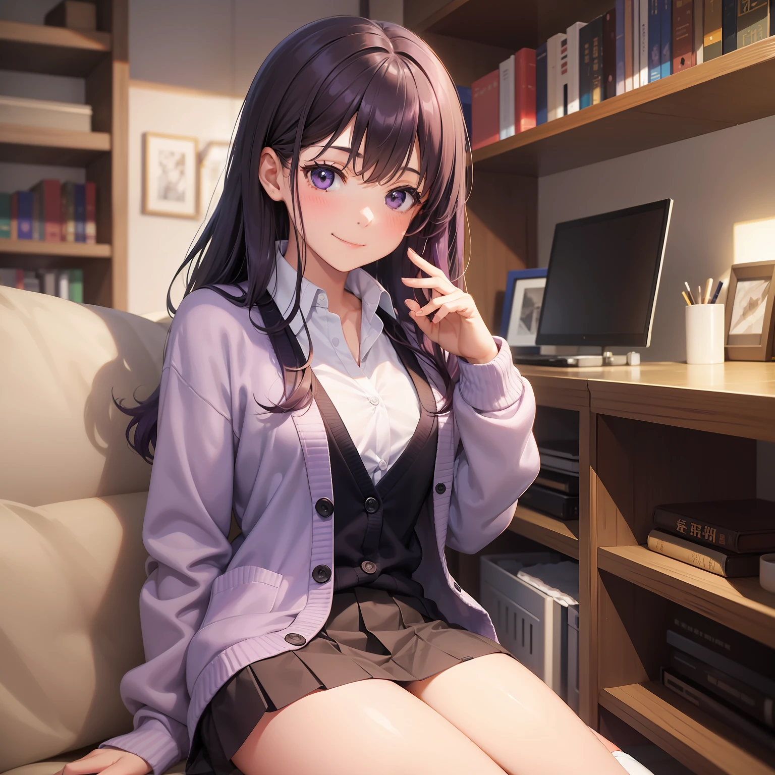 校服　cardigan　blazers　Loose Socks　１５Year old girl　a smile　beautiful a girl　a beauty girl　top-quality　​masterpiece　超A high resolution　Long　Purple hair