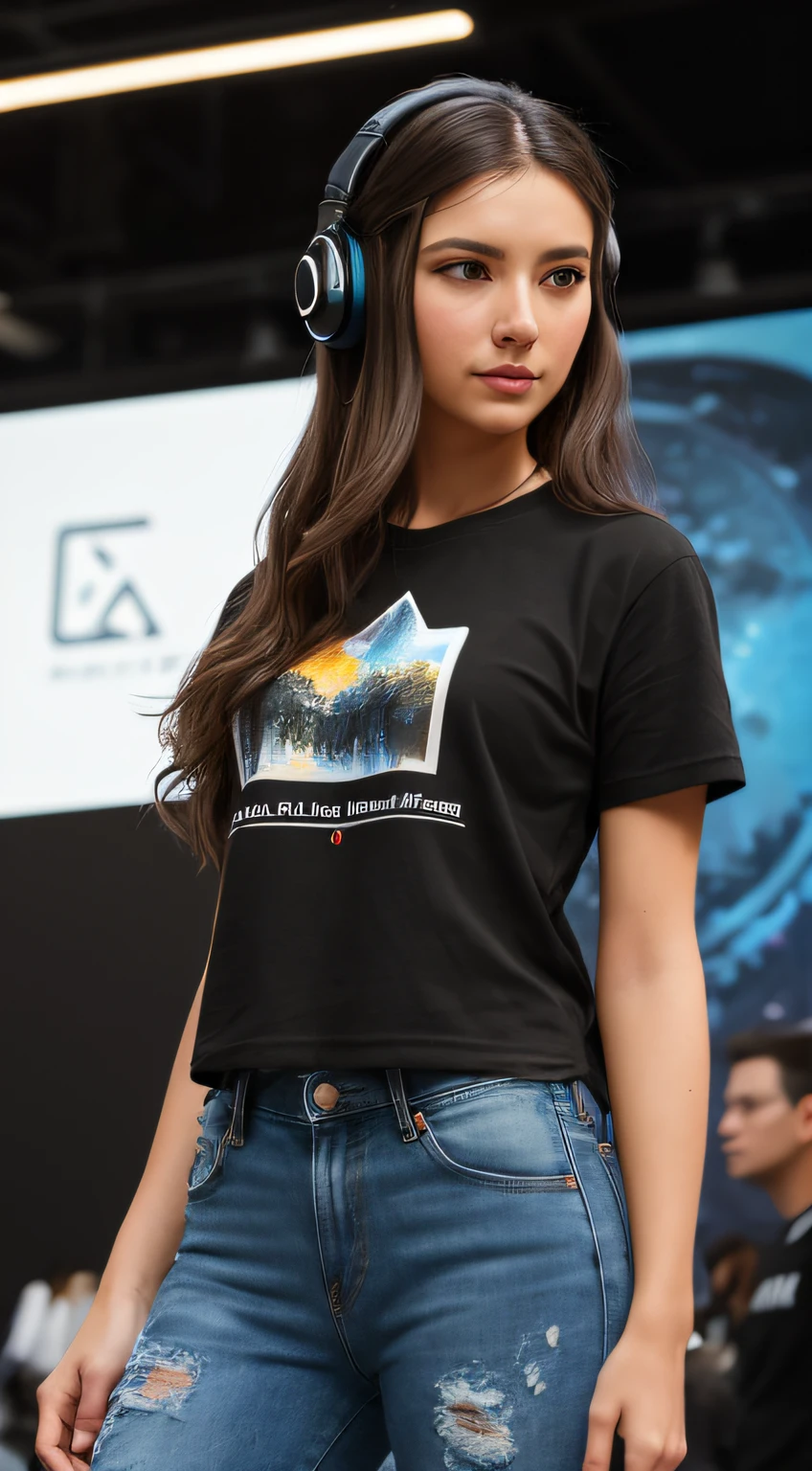 a woman with wavy long brown hair as a gamer girl standing straight, modelshoot style, (extremely detailed CG unity 8k wallpaper), photo of the most beautiful artwork in the world, professional majestic oil painting by Ed Blinkey, Atey Ghailan, Studio Ghibli, by Jeremy Mann, Greg Manchess, Antonio Moro, trending on ArtStation, trending on CGSociety, Intricate, High Detail, Sharp focus, dramatic, photorealistic painting art by midjourney and greg rutkowski, (T-shirt and black jeans and headphone), (futuristic), ((dreamhack event)), (black pants), ((standing at the dreamhack event)), (looking at viewer), (detailed pupils:1.3), (modern futuristic outfit:1.2), (closeup), neutral glossy lips, (eye shadow)