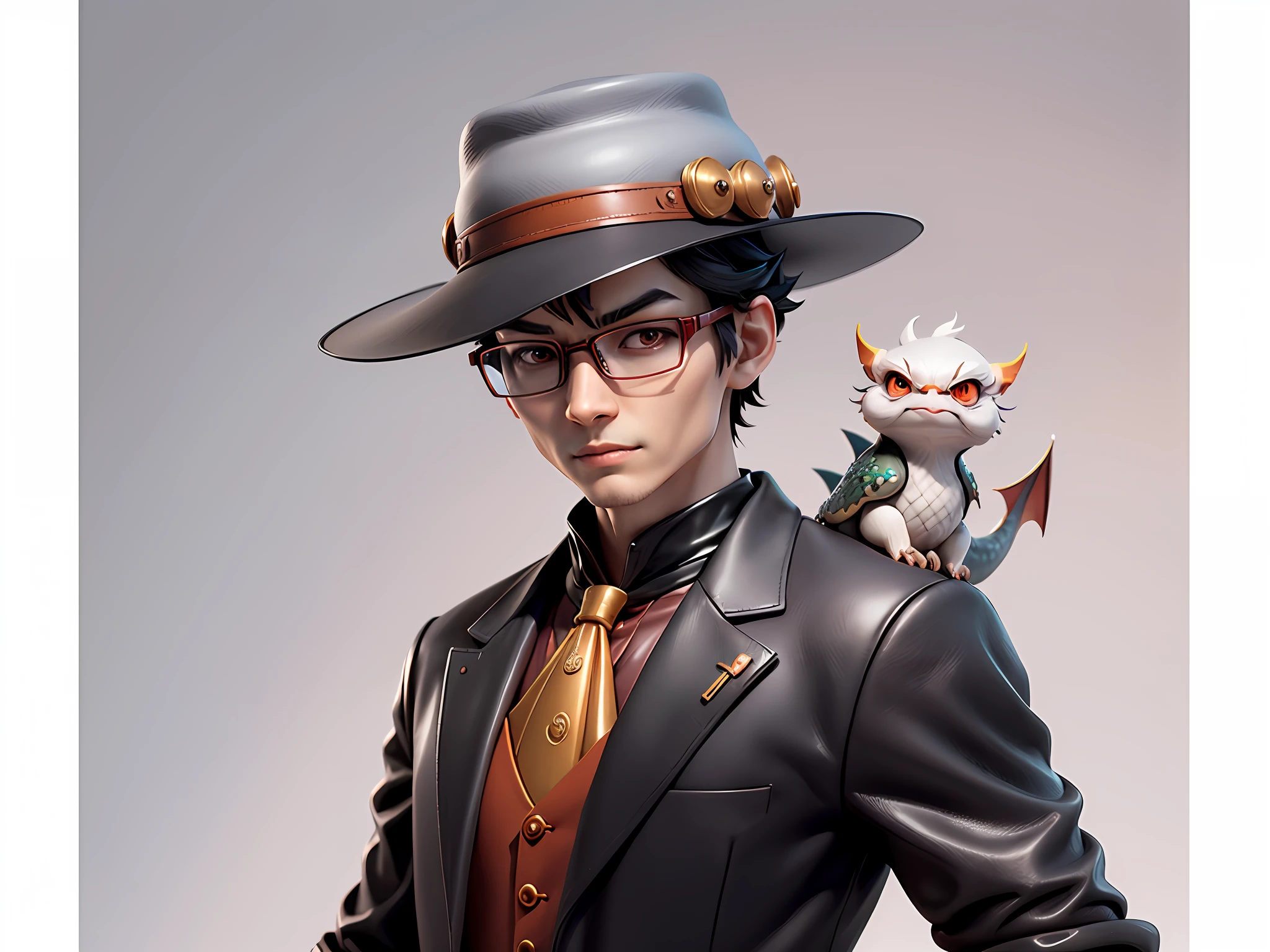 Young man with oriental face in leather hat, dragon, formal suit, short black hair, silver glasses, digital painting, 3D character design by Mark Clairedon and Pixar and Hayao Miyazaki and Akira Toriyama, the illustration is a high-definition illustration in 4K resolution with very detailed facial features and cartoon-style visuals.