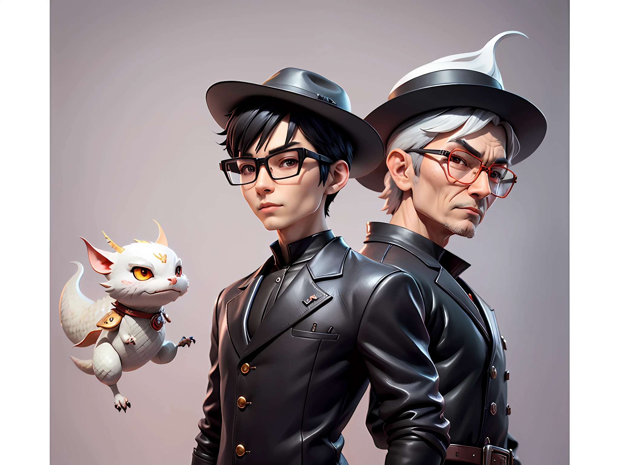 Young man with oriental face in leather hat, dragon, formal suit, short black hair, silver glasses, digital painting, 3D character design by Mark Clairedon and Pixar and Hayao Miyazaki and Akira Toriyama, the illustration is a high-definition illustration in 4K resolution with very detailed facial features and cartoon-style visuals.