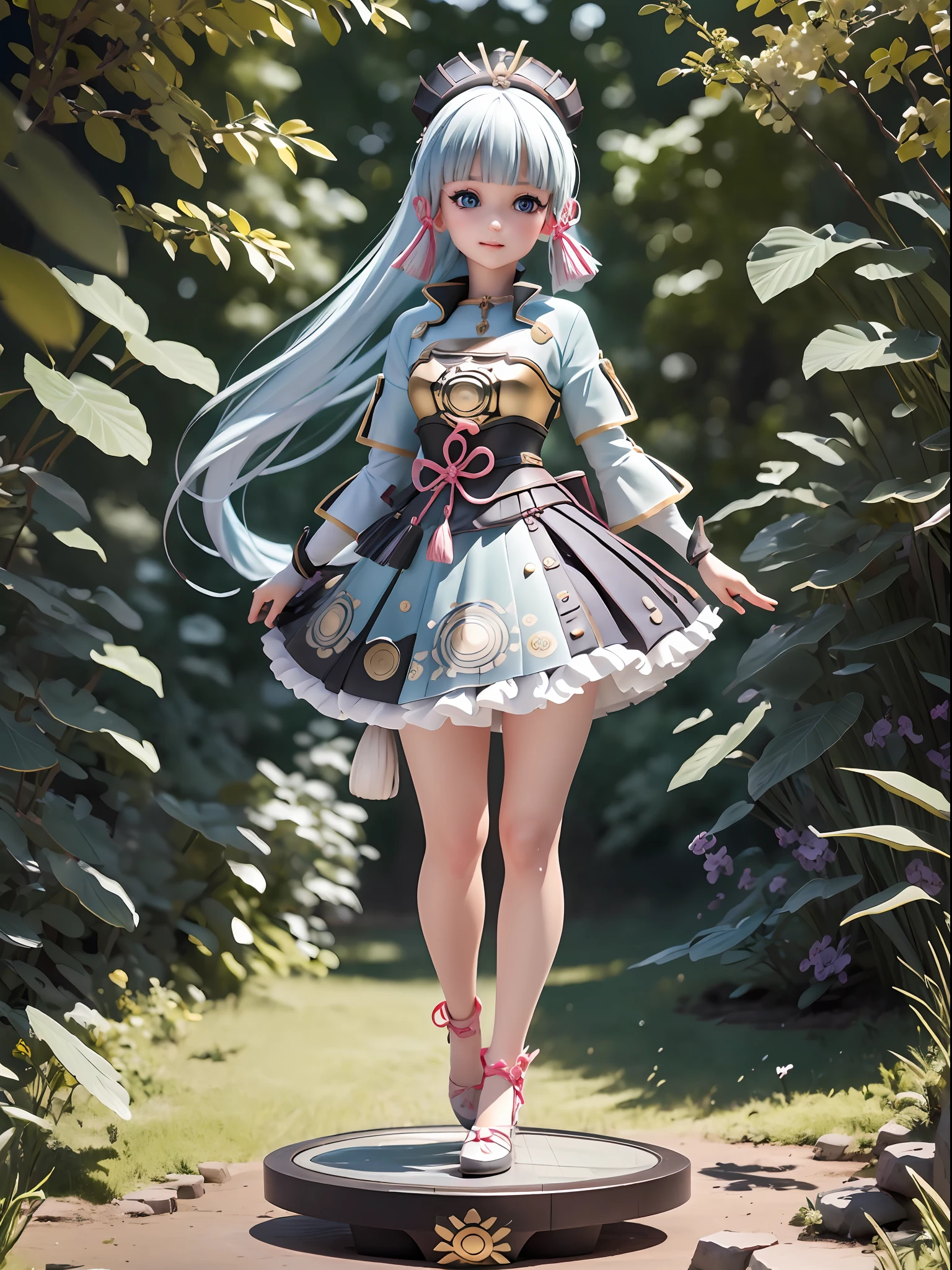 (Blind box toy style:1.2), ((Full body shot:1.4)) (((masterpiece))), 4k res, highly detailed, (((extremely detailed eyes))), cinematic lighting, crystal clear eyes, high quality, highres, ultra-detailed, 8k, best quality, ((1girl, solo)),shadow, backlighting, Thick Eyelashes, Wide Sleeve, thick thighs, (masterpiece:1.3), (the best quality:1.2), (super fine illustrations:1.2), (Masterpiece), high quality, high detail,(SOLO:1.4),((round image)), whole body, (kamisato ayaka,genshin impact)(smile), blush,  cryokinesis, black gloves, thick, arms behind back,bare legs, forest background,((circular base:1.5))(Global illumination, Ray traching, hdr, unreal render,reasonable design, high detal, Masterpiece, Best quality, hyper HD, Cinematic lighting)