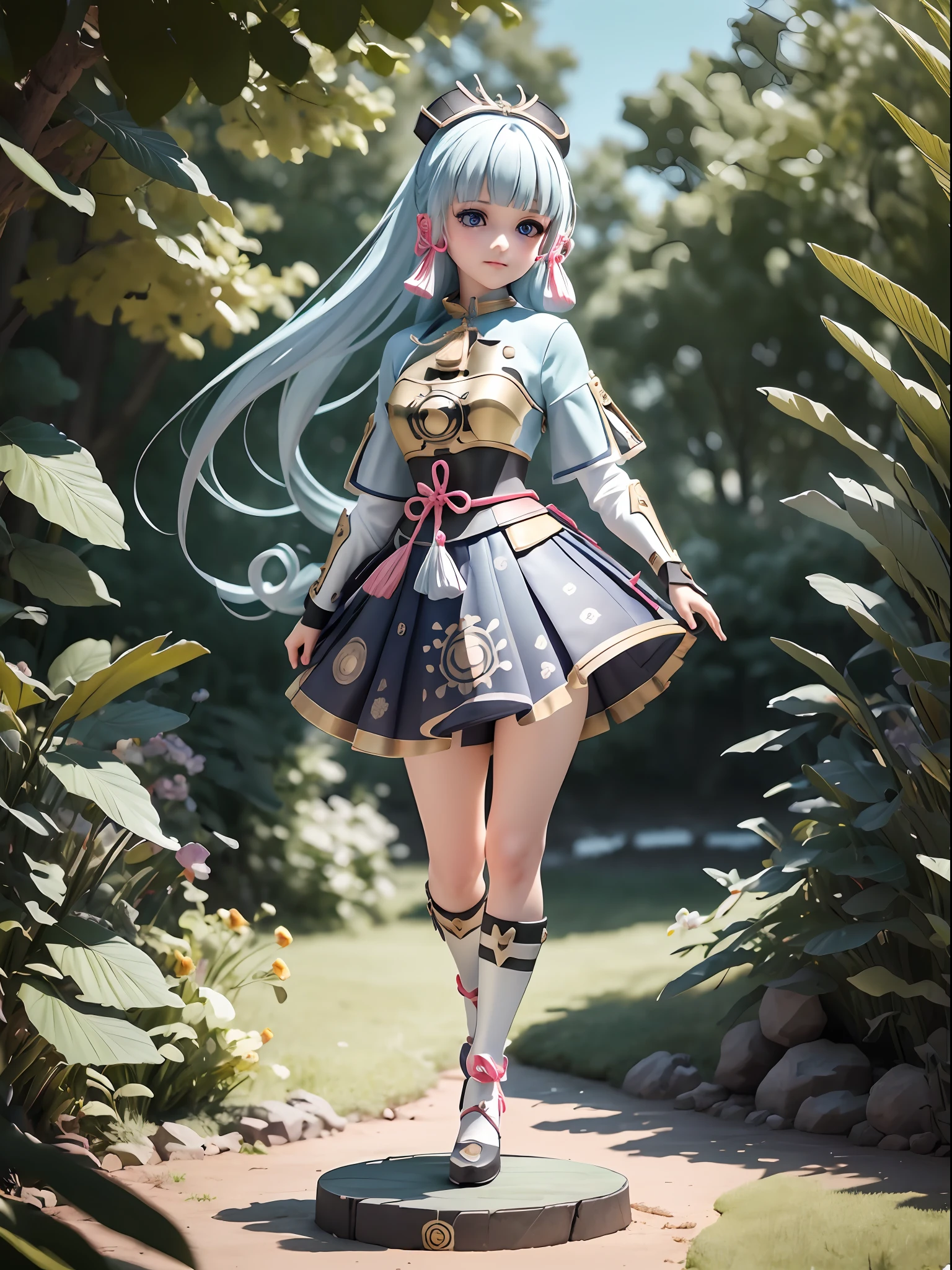(Blind box toy style:1.2), ((Full body shot:1.4)) (((masterpiece))), 4k res, highly detailed, (((extremely detailed eyes))), cinematic lighting, crystal clear eyes, high quality, highres, ultra-detailed, 8k, best quality, ((1girl, solo)),shadow, backlighting, Thick Eyelashes, Wide Sleeve, thick thighs, (masterpiece:1.3), (the best quality:1.2), (super fine illustrations:1.2), (Masterpiece), high quality, high detail,(SOLO:1.4),((round image)), whole body, (kamisato ayaka,genshin impact)(smile), blush, cryokinesis, black gloves, thick, arms behind back,bare legs, forest background,((circular base:1.5))(Global illumination, Ray traching, hdr, unreal render,reasonable design, high detal, Masterpiece, Best quality, hyper HD, Cinematic lighting)