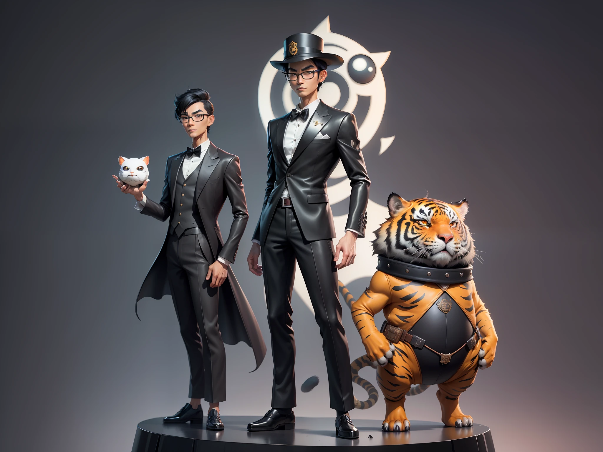 Young man with oriental face in leather hat, tiger, oriental face in formal suit, short black hair, silver glasses, digital painting, 3D character design by Mark Clairedon and Pixar and Hayao Miyazaki and Akira Toriyama, the illustration is a high-definition illustration in 4K resolution with very detailed facial features and cartoon-style visuals.
