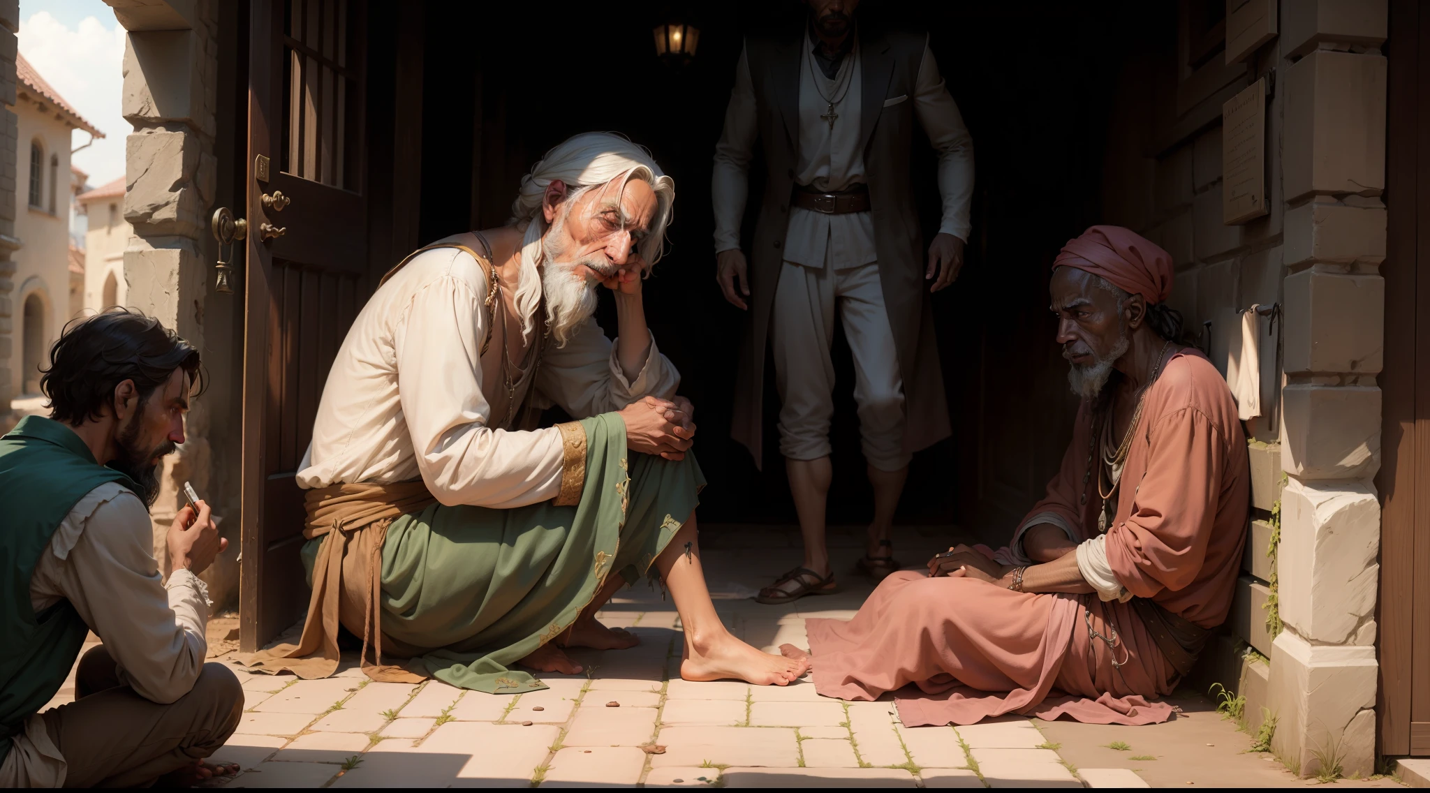 Lazarus, a poor beggar covered in sores, sitting at the gate of the rich man's house.