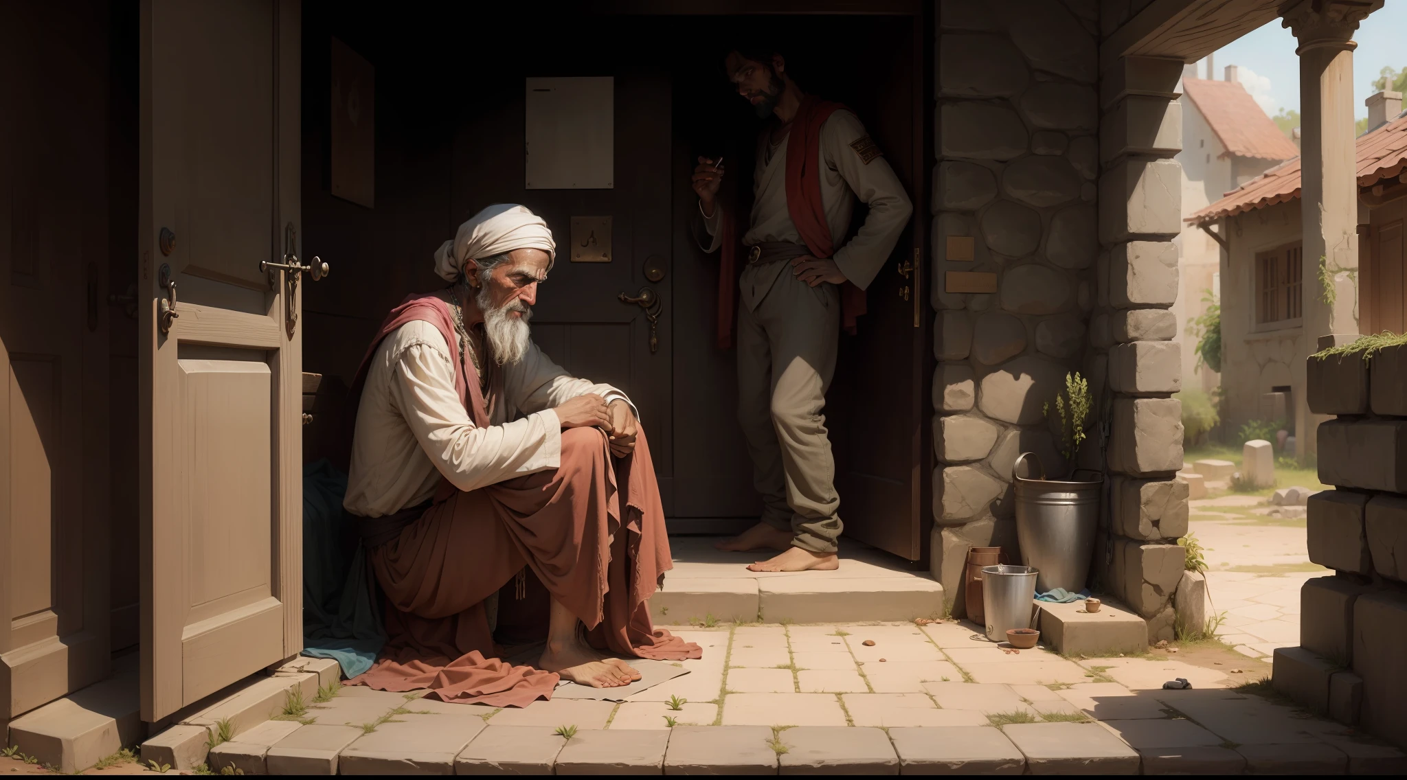 Lazarus, a poor beggar covered in sores, sitting at the gate of the rich man's house.