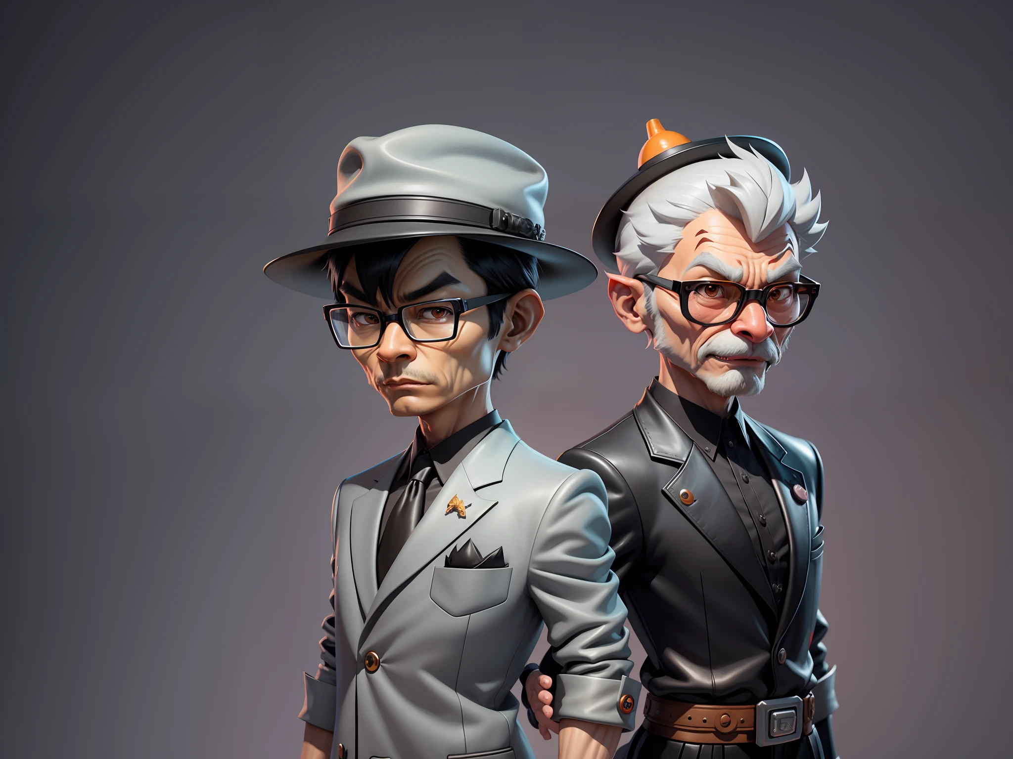 Young man with oriental face in leather hat, tiger, oriental face in formal suit, short black hair, silver glasses, digital painting, 3D character design by Mark Clairedon and Pixar and Hayao Miyazaki and Akira Toriyama, the illustration is a high-definition illustration in 4K resolution with very detailed facial features and cartoon-style visuals.