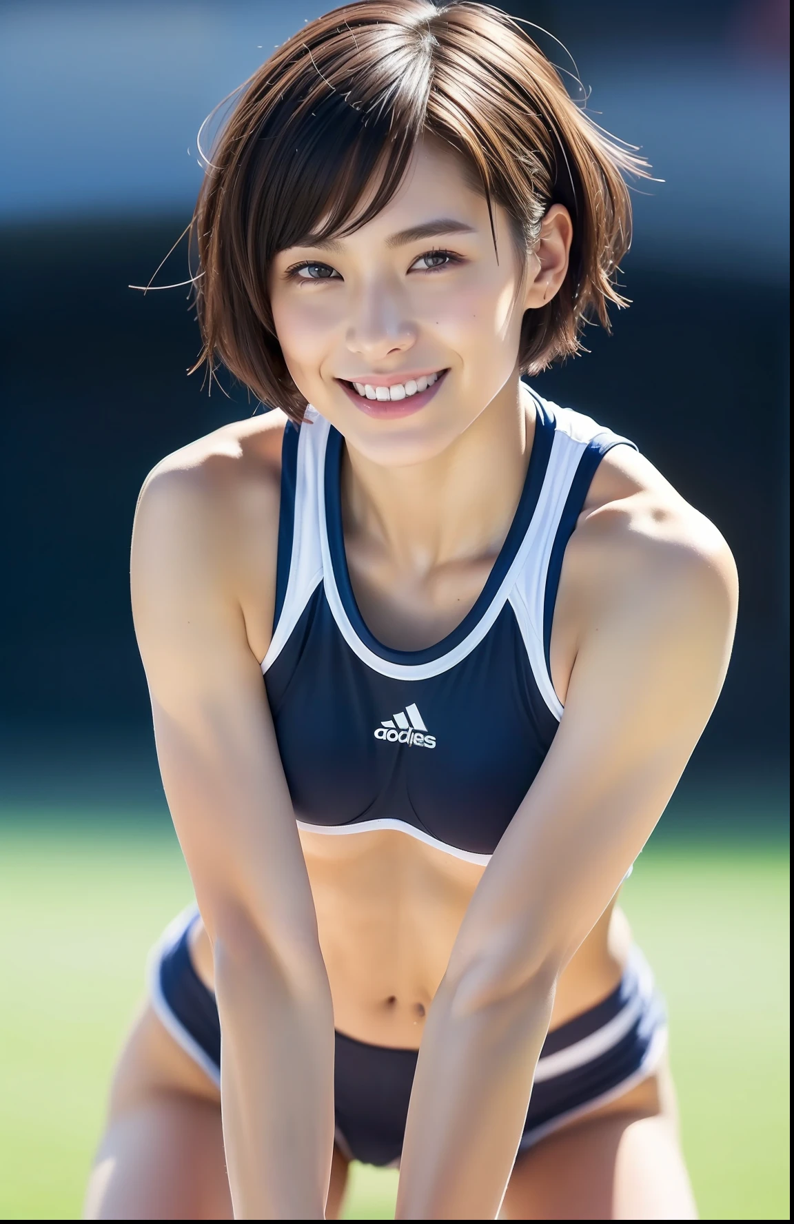 (((full bodyesbian)))、japanese beauty girl、((Short-cut hairstyles))、Perfect style、track and field uniform、beauty legs、kawaii、((Track & Field Athletes Women))、(((1人)))、((stadium))、Transcendent cute、A slight smil、Beautiful breasts、full bodyesbian、athletic field、((Outstanding style))、((Healthy body))、 Photorealsitic、Beautiful detailed eyes、Hyper-Realism、highcontrast、Ultra HD、realistic skin textures、Top image quality、top-quality、超A high resolution、Fine details、Very meticulously