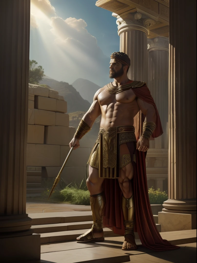"The Insanely Handsome God Apolo, Realistic Digital Illustration, Type of Image: Ancient Hero, Art Style: Ancient Realism, Inspired by Historical Artists Alfonse Mucha, Michelangelo and Jean-Leon Gerome, Camera Shot: Heroic Pose, Camera Lens: 70mm, View: Front, Render: Octane Render, Lighting: Radiant Sunlight, Resolution: 8K, Highly Detailed, Color Type: Earthy Tones, Scene in an Ancient Greek Landscape, Depicting the Apolo-Type Character in His Muscular Glory, ((Art Station Ancient Hero Art, Ancient Realism)), (((Important: Convey the strength and heroism of the legendary God Apolo in ancient times))), insanely handsome man, most handsome man on Earth, very masculine, Please focus on intricate details and the play of light and shadows to create a powerful and emotive historical scene."