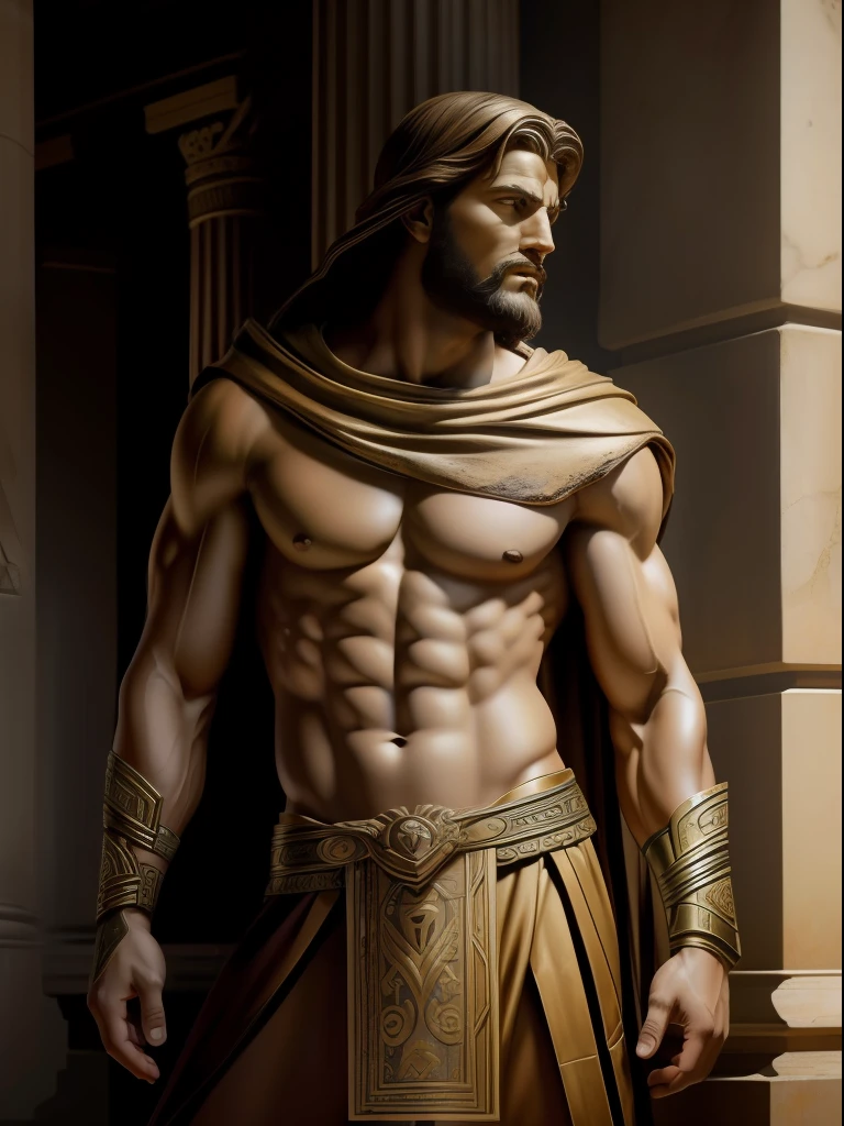 "The Insanely Handsome God Apolo, Realistic Digital Illustration, Type of Image: Ancient Hero, Art Style: Ancient Realism, Inspired by Historical Artists Alfonse Mucha, Michelangelo and Jean-Leon Gerome, Camera Shot: Heroic Pose, Camera Lens: 70mm, View: Front, Render: Octane Render, Lighting: Radiant Sunlight, Resolution: 8K, Highly Detailed, Color Type: Earthy Tones, Scene in an Ancient Greek Landscape, Depicting the Apolo-Type Character in His Muscular Glory, ((Art Station Ancient Hero Art, Ancient Realism)), (((Important: Convey the strength and heroism of the legendary God Apolo in ancient times))), insanely handsome man, most handsome man on Earth, very masculine, Please focus on intricate details and the play of light and shadows to create a powerful and emotive historical scene."