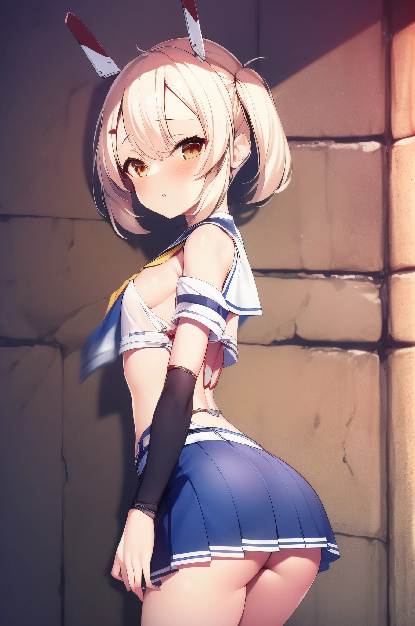 1girl, blonde hair, azur lane ayanami, teen body, little skirt, small lips, twintail, natural pose, support on wall, approach butt